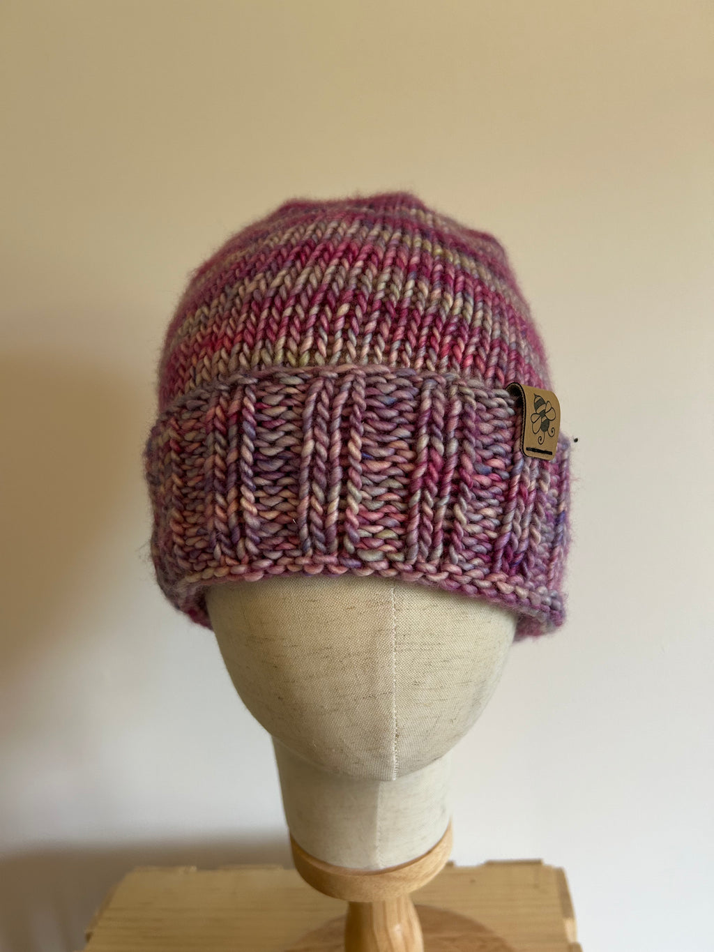 Folded brim wool adult pink beanie