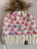 Hand Knit Chunky Tulip Stitch Toque – Cream Pink & Lavender with Faux Fur Pom Pom