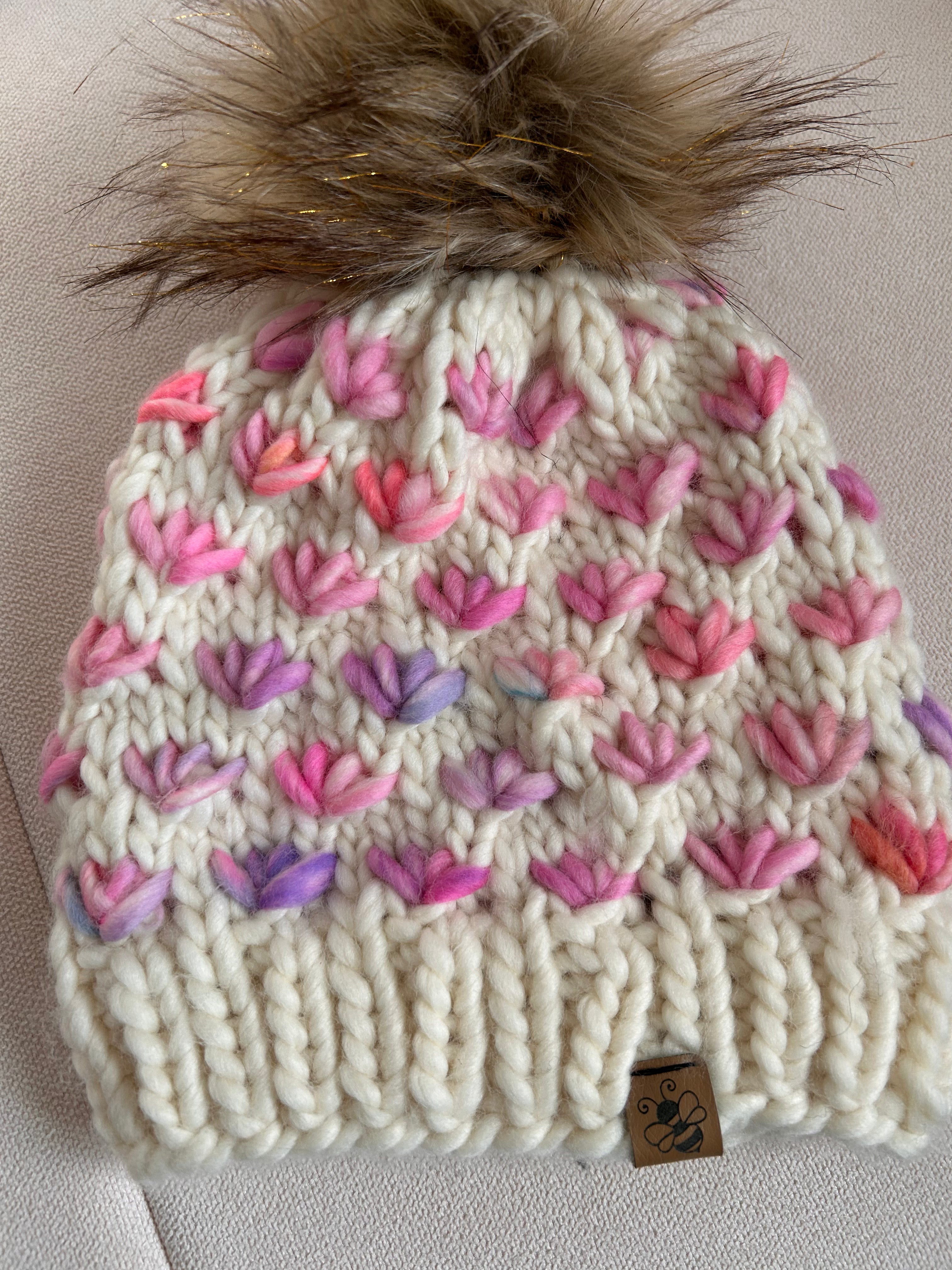 Hand Knit Chunky Tulip Stitch Toque – Cream Pink & Lavender with Faux Fur Pom Pom