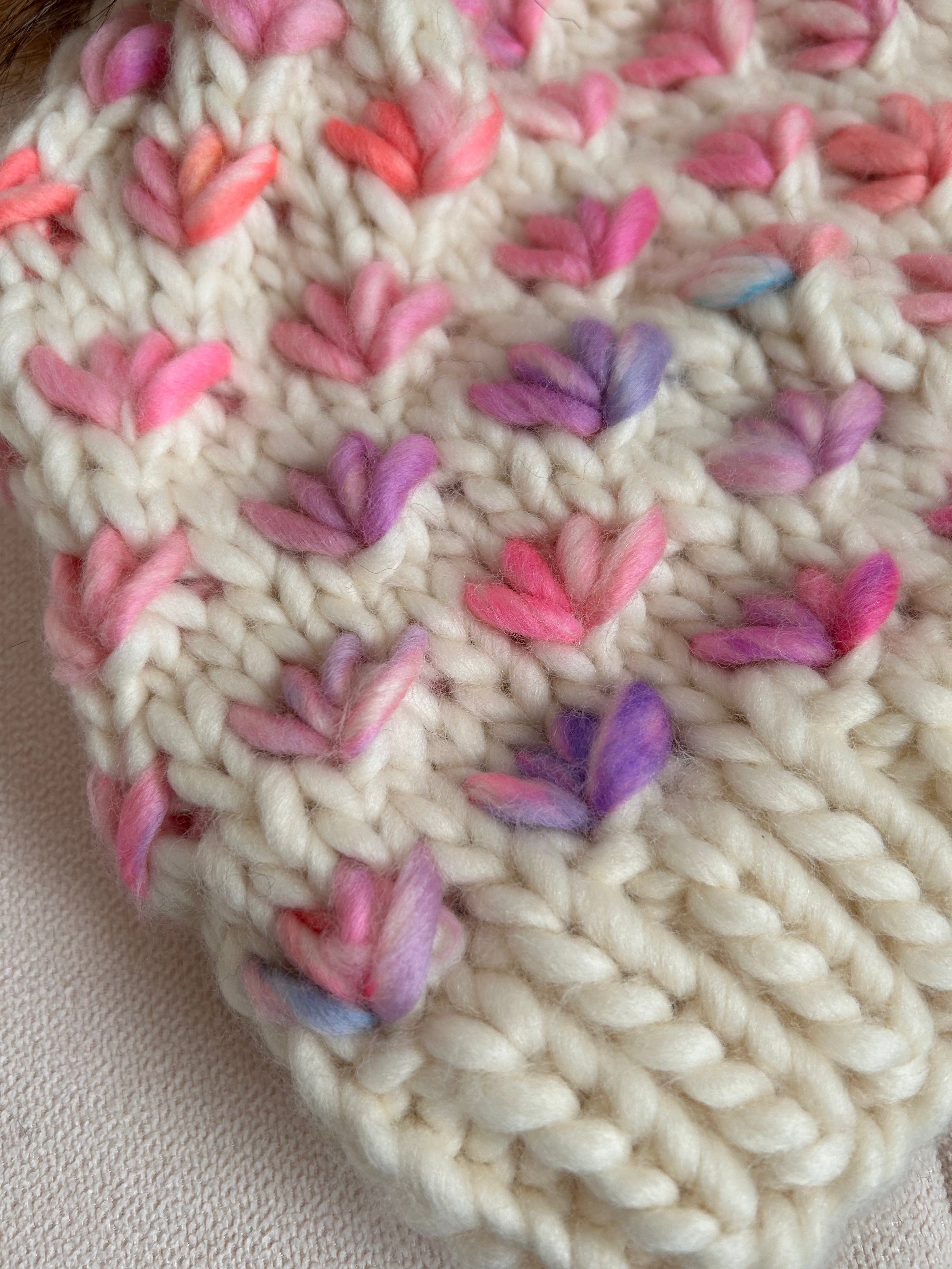 Hand Knit Chunky Tulip Stitch Toque – Cream Pink & Lavender with Faux Fur Pom Pom