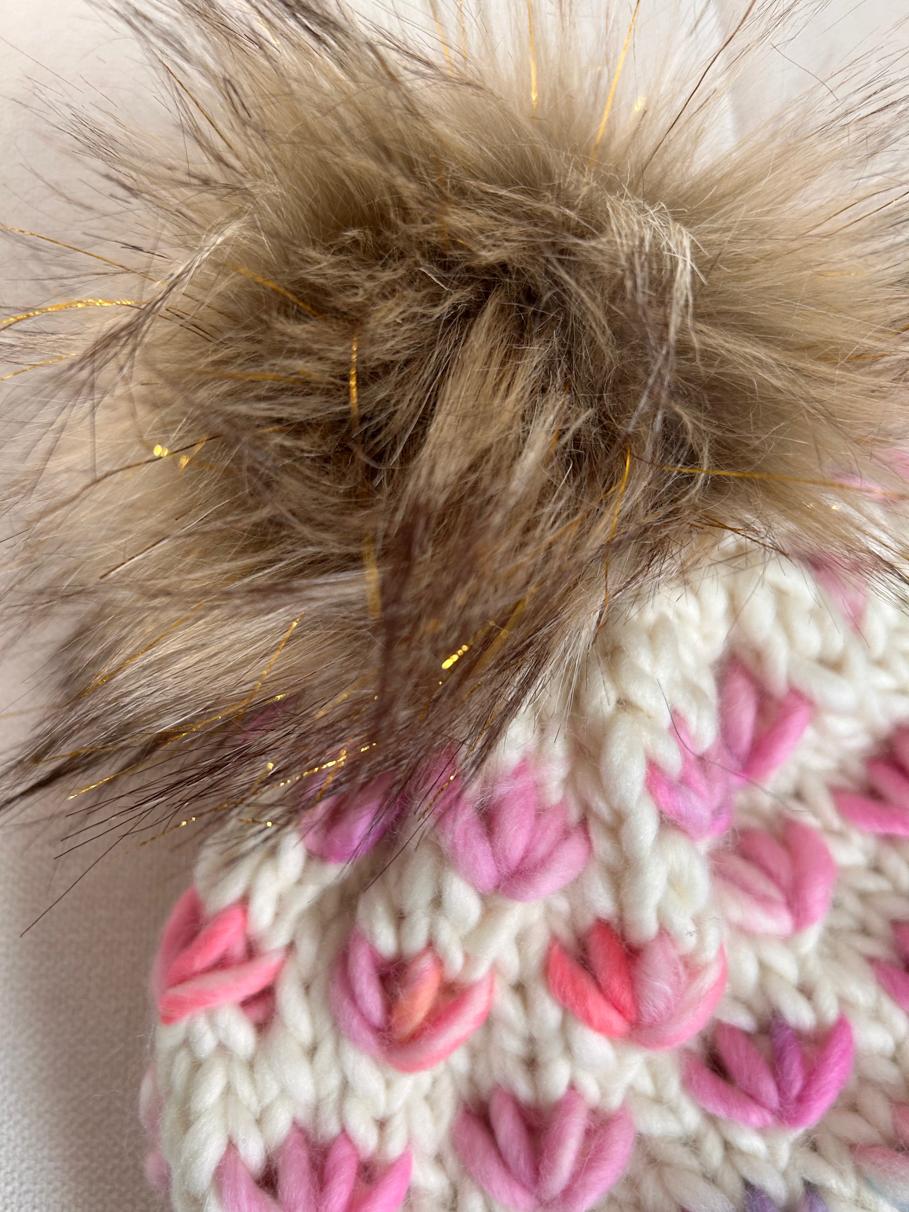 Hand Knit Chunky Tulip Stitch Toque – Cream Pink & Lavender with Faux Fur Pom Pom