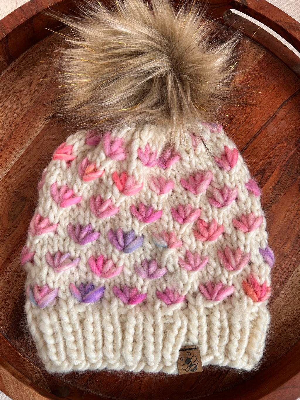 Hand Knit Chunky Tulip Stitch Toque – Cream Pink & Lavender with Faux Fur Pom Pom