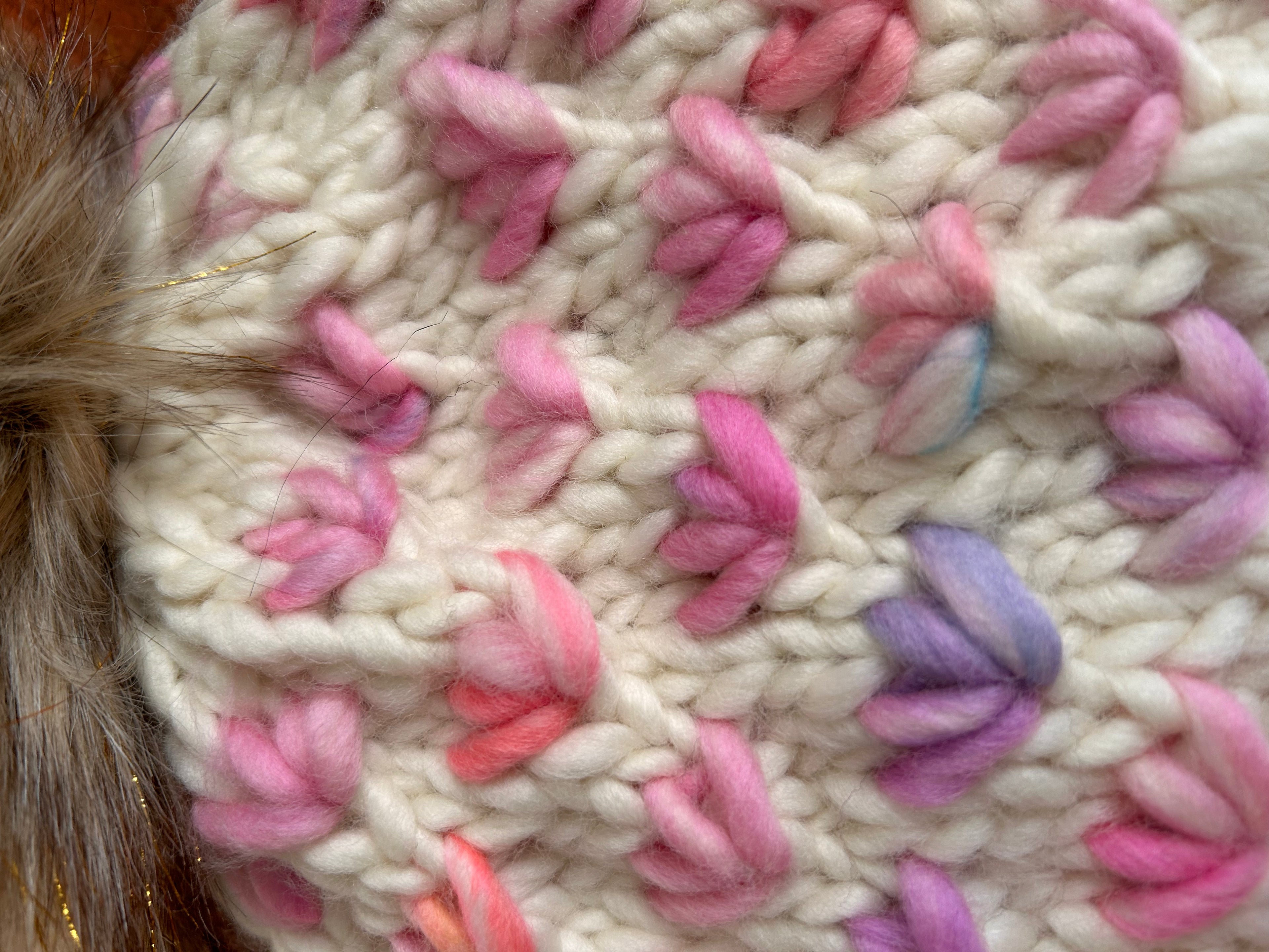 Hand Knit Chunky Tulip Stitch Toque – Cream Pink & Lavender with Faux Fur Pom Pom