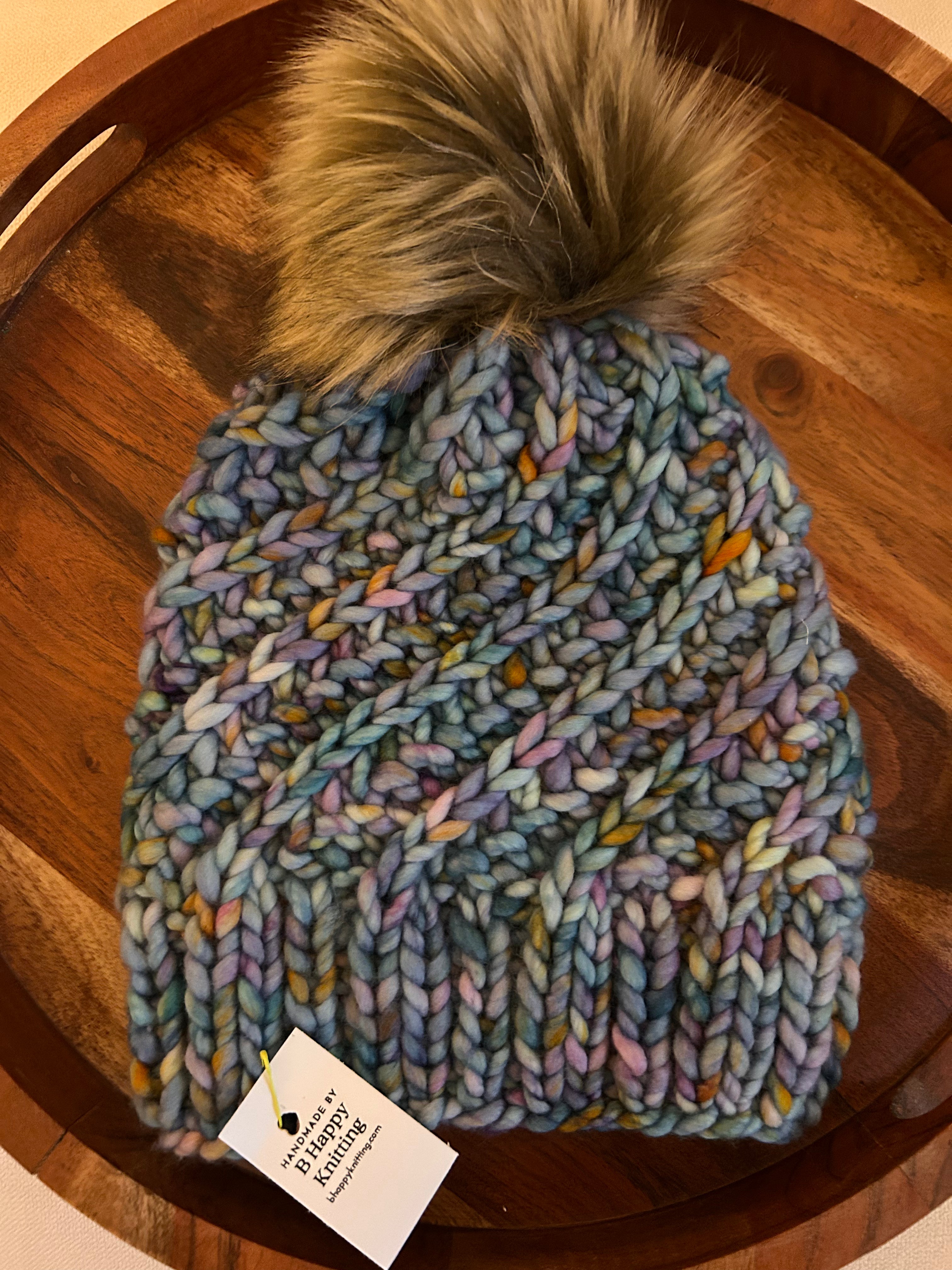 Handmade Merino Wool Knit Beanie: light blue Colour Cable Knit