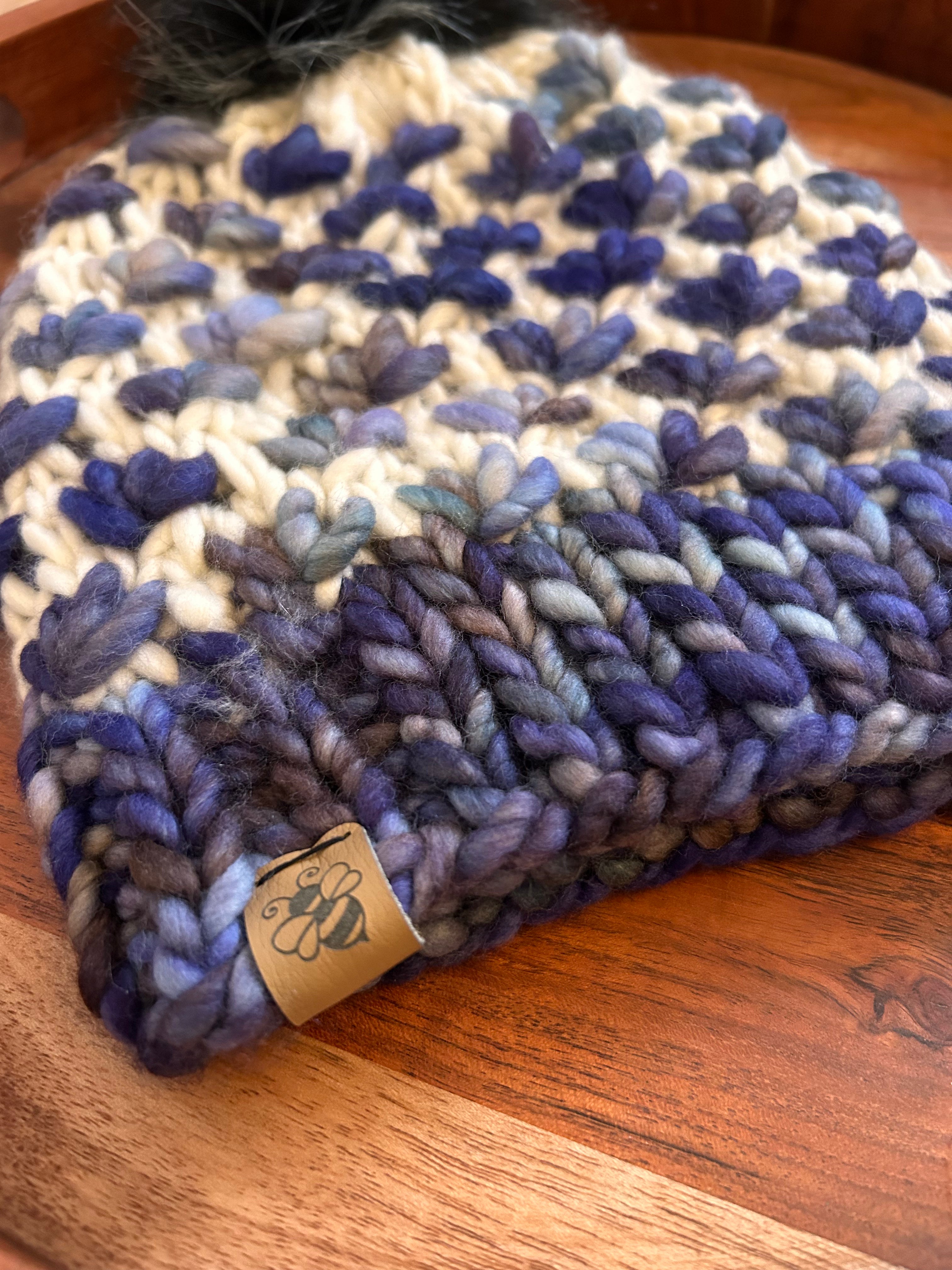 Hand Knit Chunky Tulip Stitch Toque – Cream and blue with Faux Fur Pom Pom