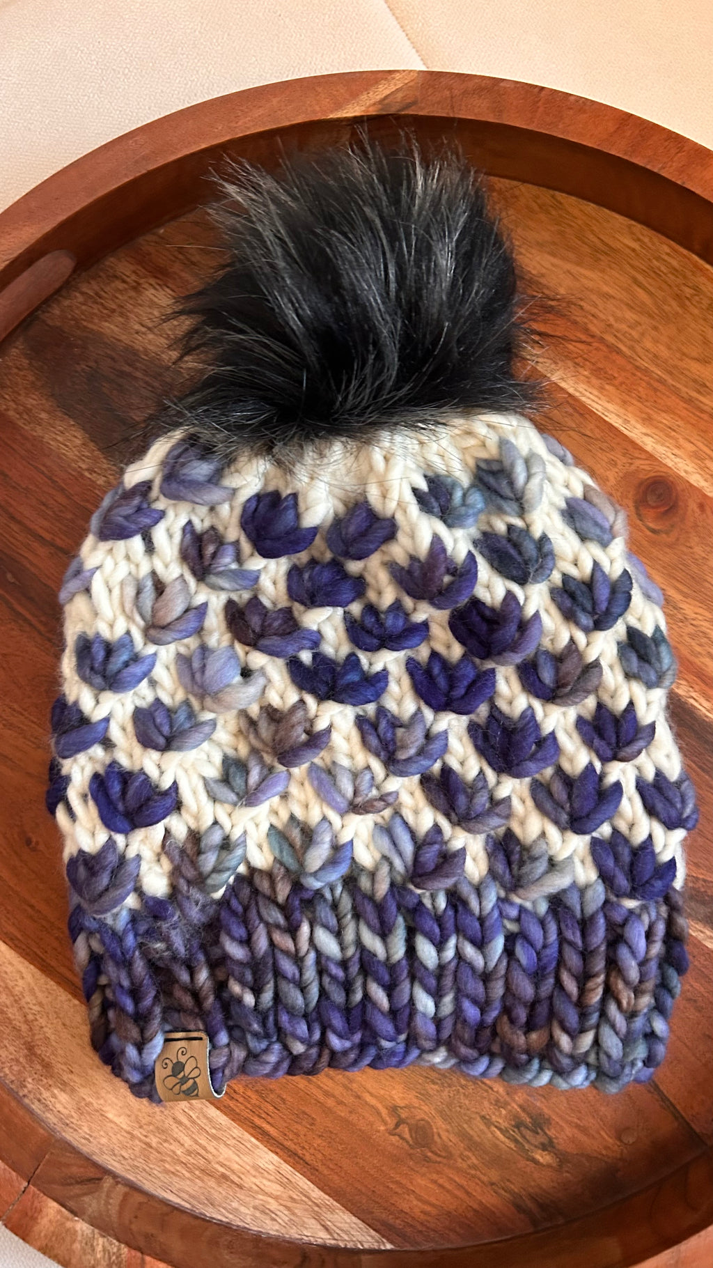 Hand Knit Chunky Tulip Stitch Toque – Cream and blue with Faux Fur Pom Pom