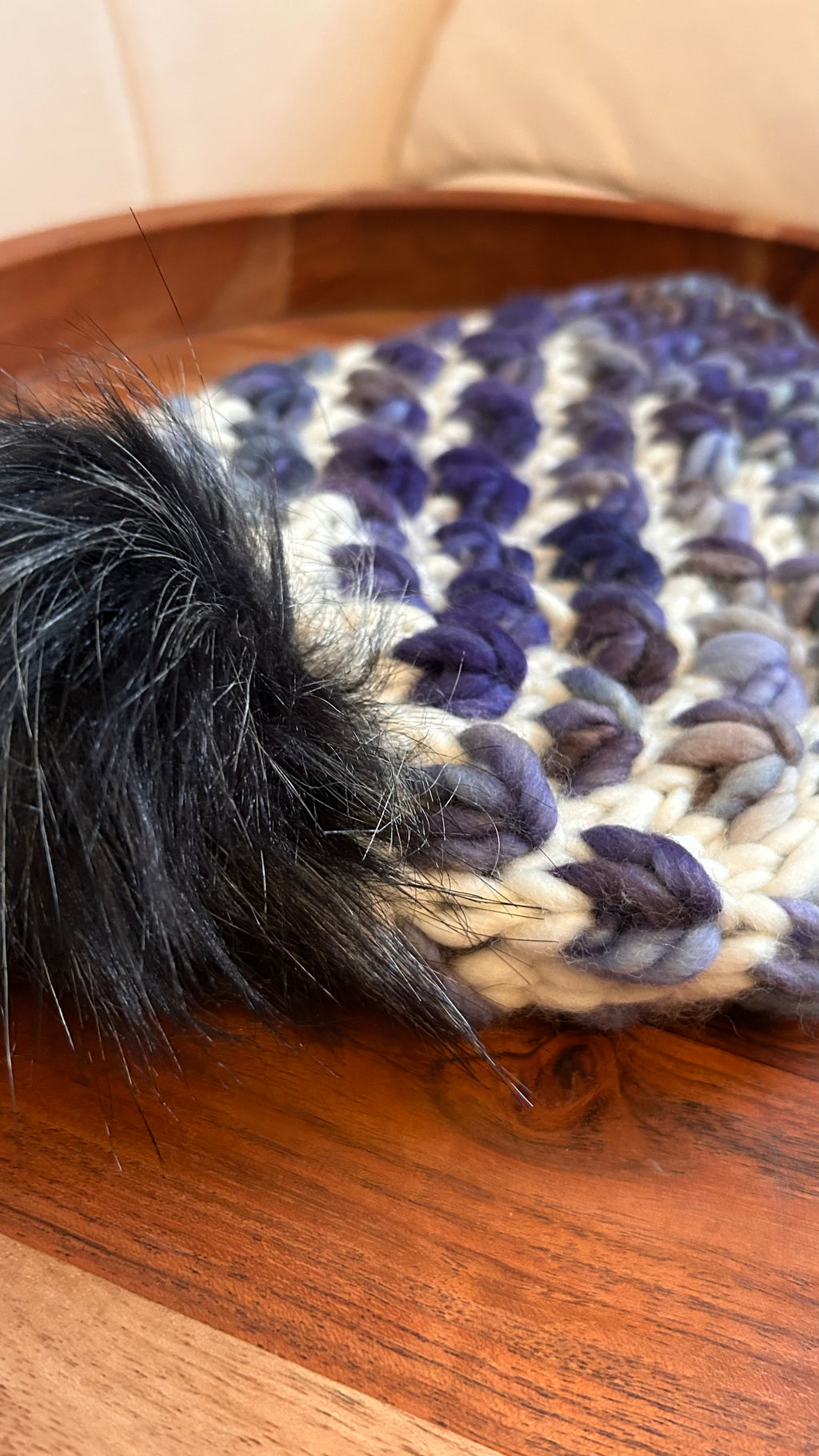 Hand Knit Chunky Tulip Stitch Toque – Cream and blue with Faux Fur Pom Pom
