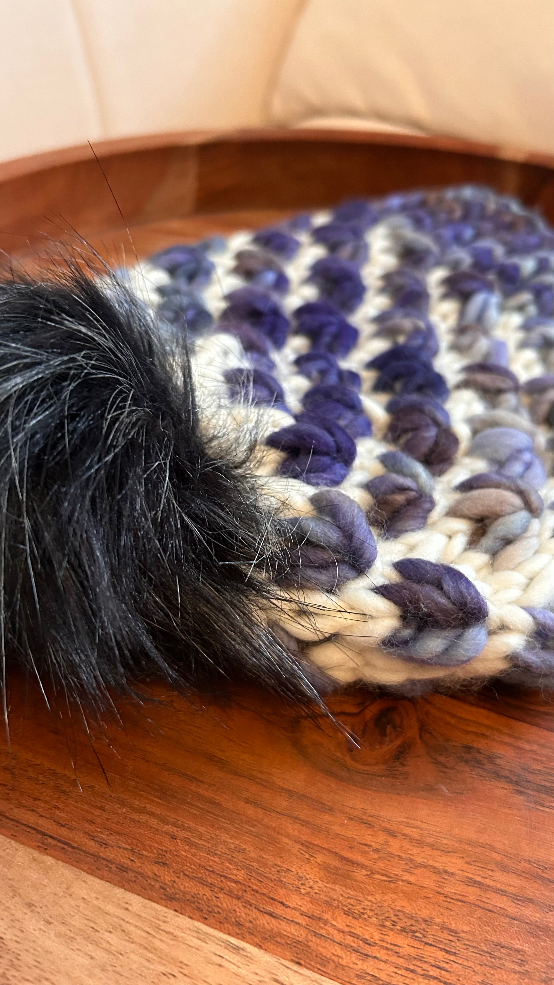 Hand Knit Chunky Tulip Stitch Toque – Cream and blue with Faux Fur Pom Pom