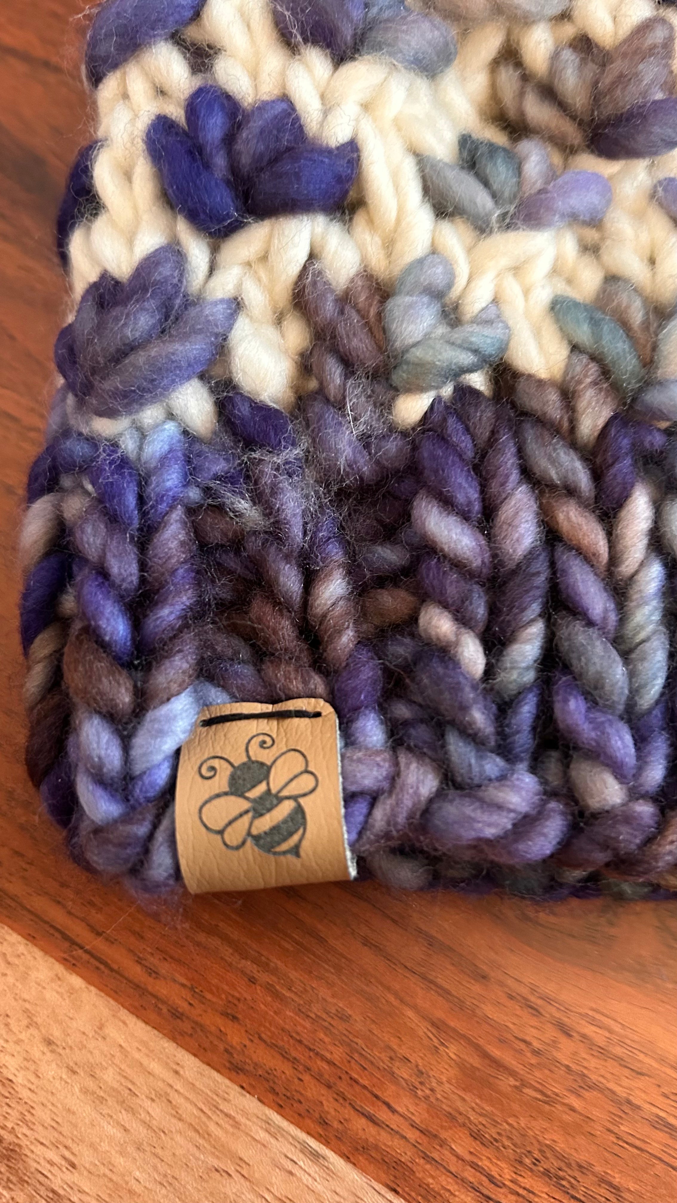 Hand Knit Chunky Tulip Stitch Toque – Cream and blue with Faux Fur Pom Pom