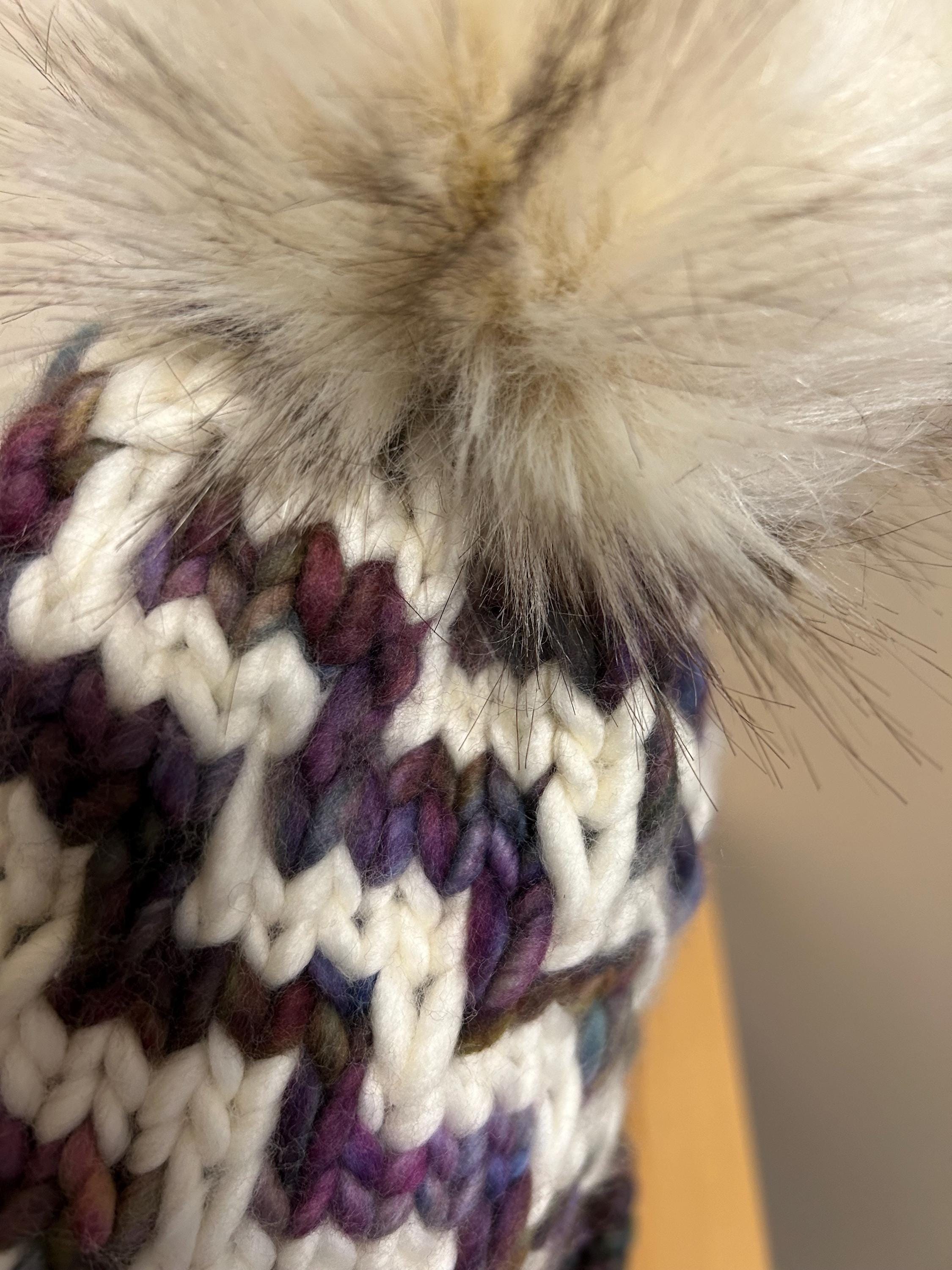 Hand Knit Merino Wool Beanie and cowl set: Removable Faux Fur Pompom