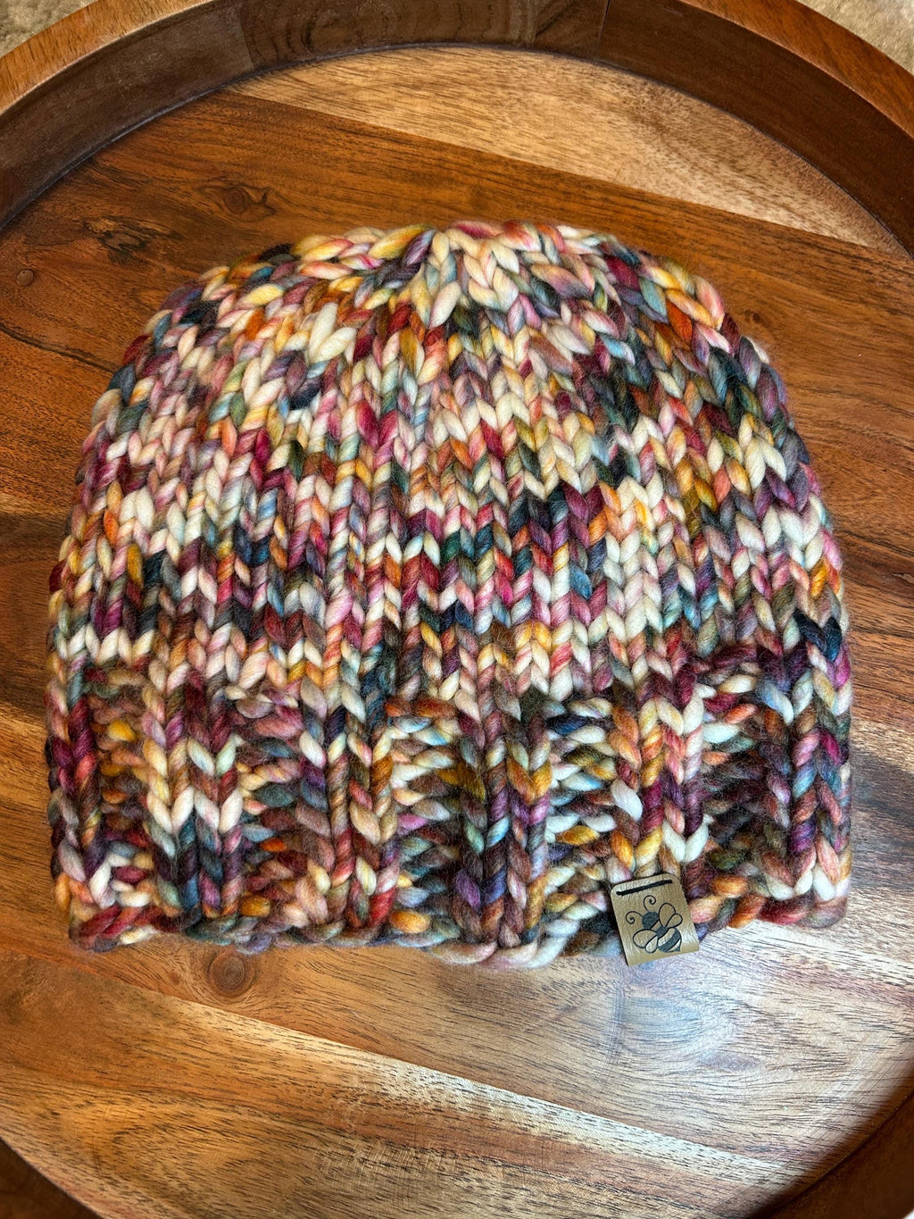 Hand Knit Merino Wool Beanie: Blue Red Multi Colour Toque