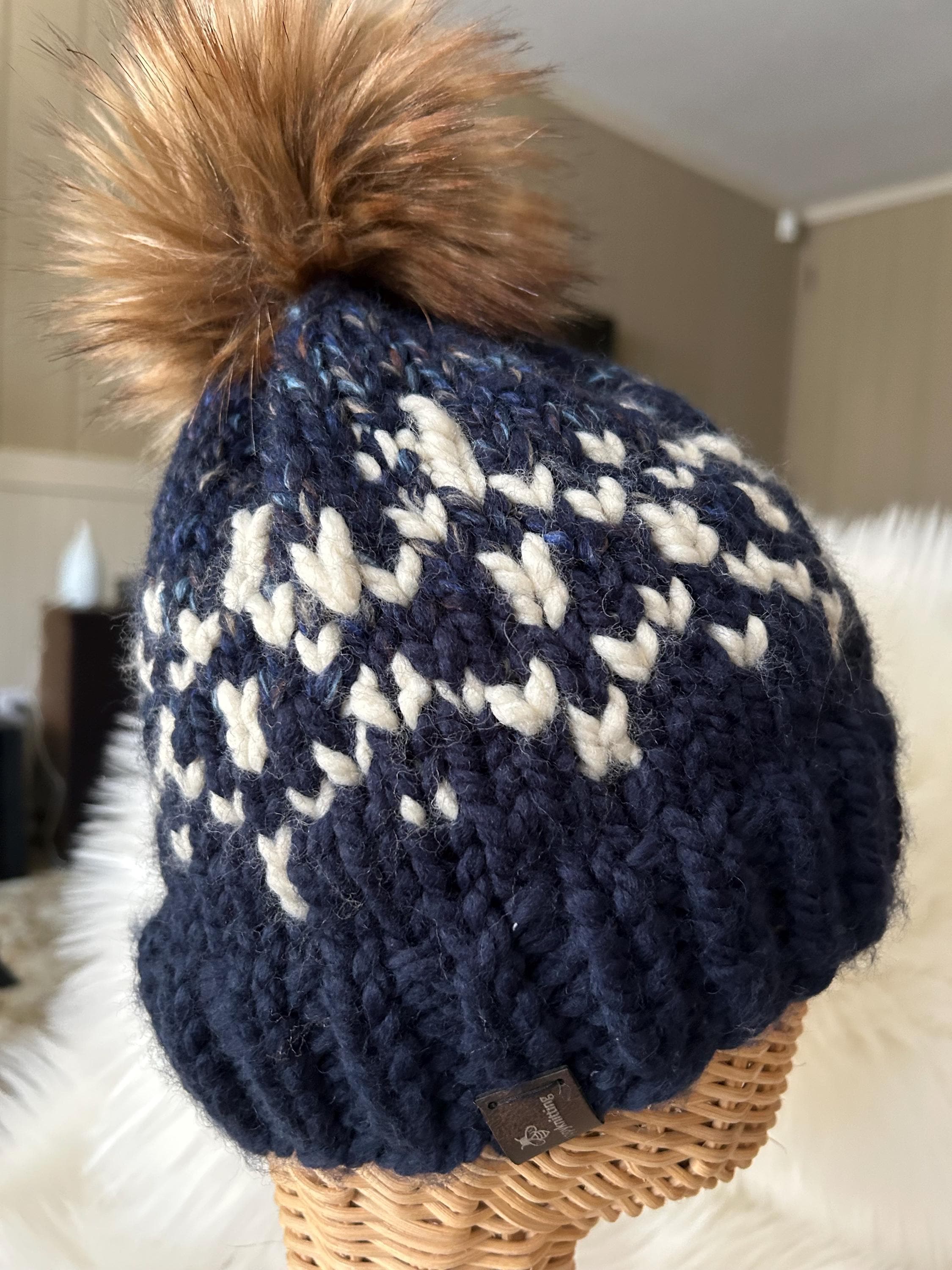 Handmade Knit Winter Toque, Blue White Pattern, Faux Fur Pompom