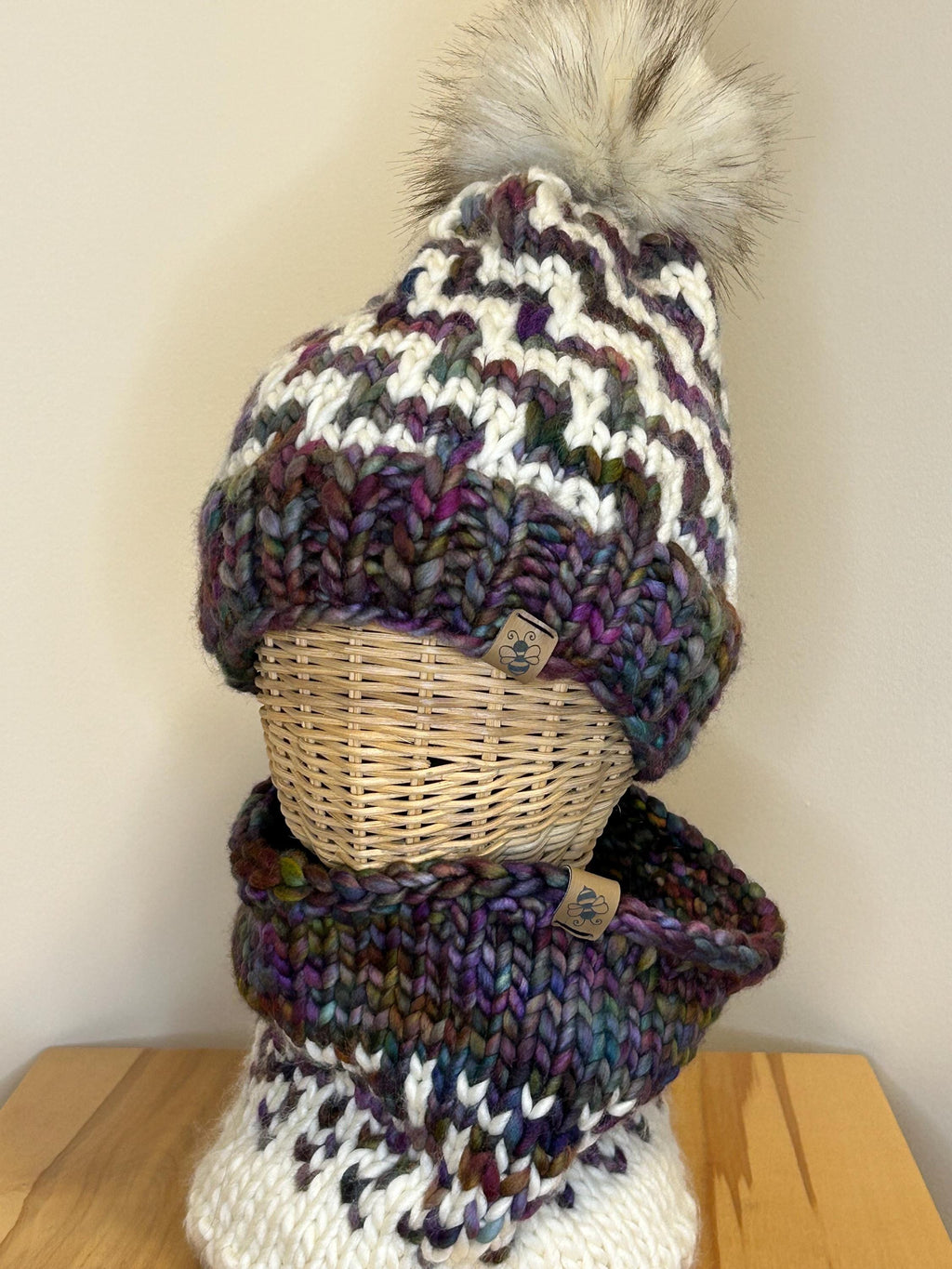 Hand Knit Merino Wool Beanie and cowl set: Removable Faux Fur Pompom