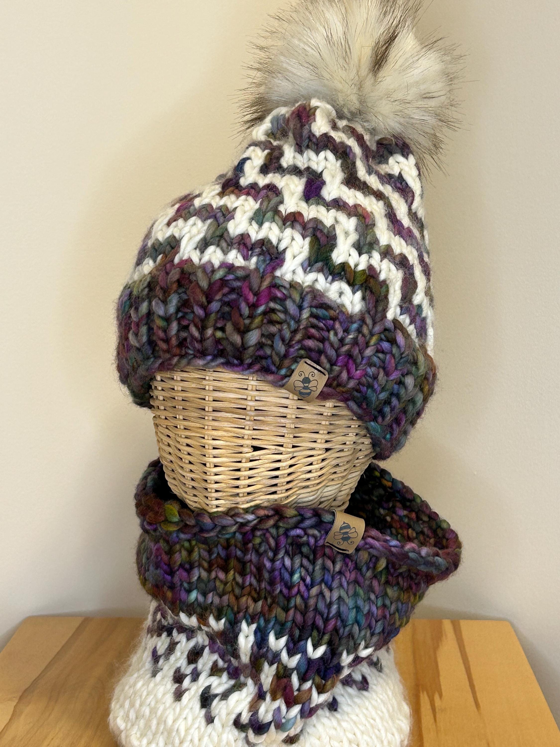 Hand Knit Merino Wool Beanie and cowl set: Removable Faux Fur Pompom