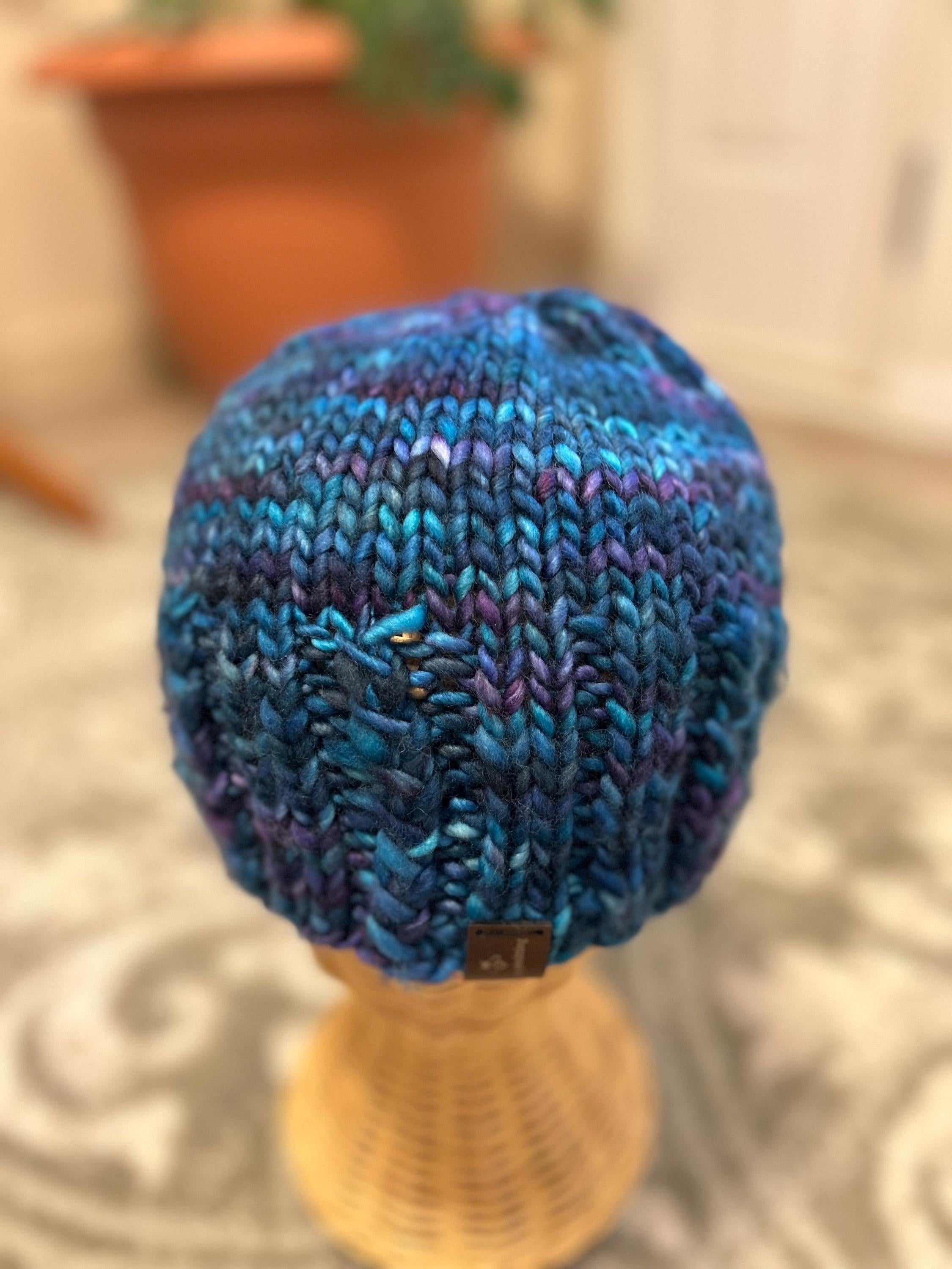 Hand Knit Merino Wool Beanie, Blue Purple Toque