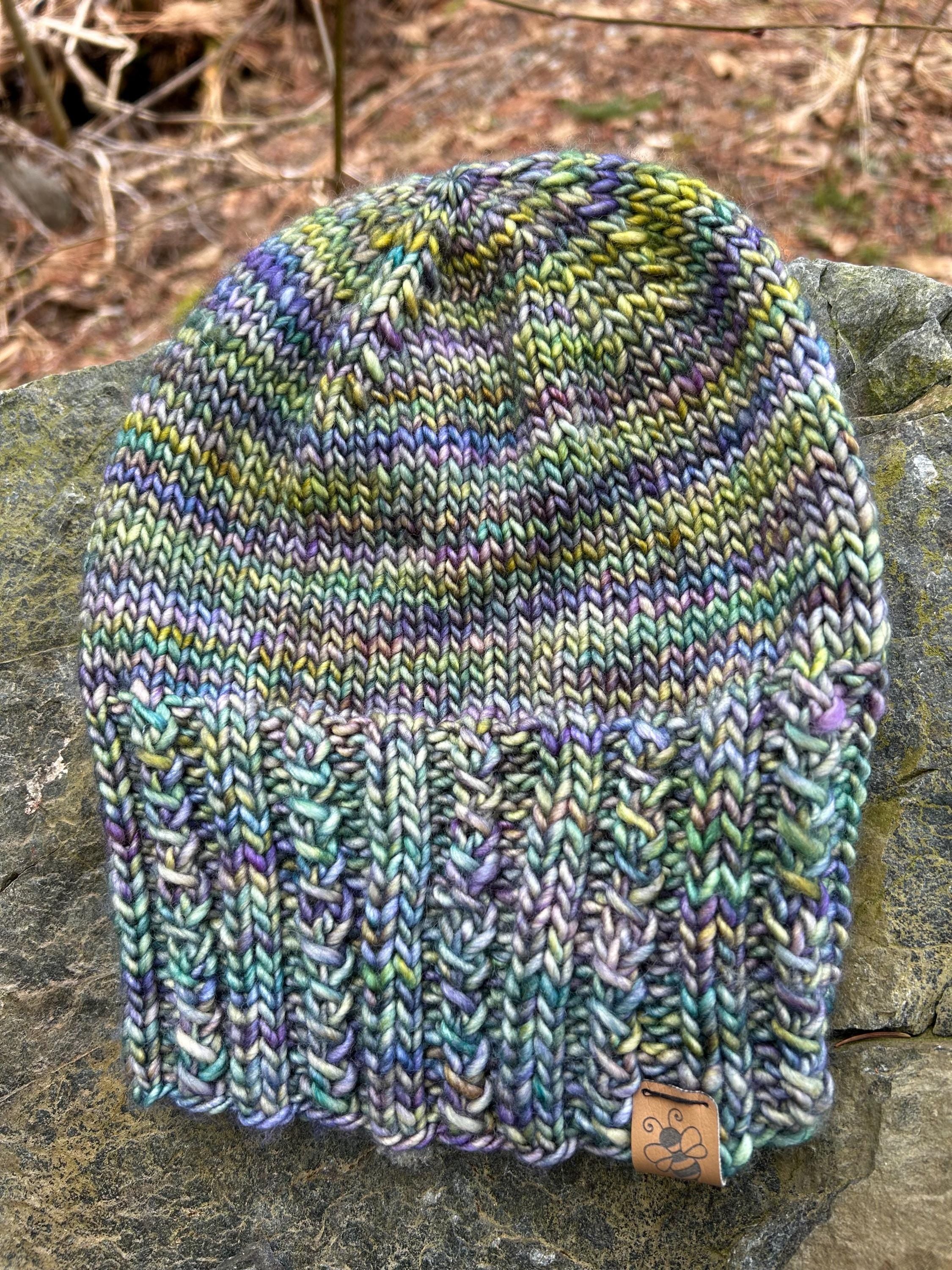 Hand Knit Wool Beanie: green and purple Textured Toque