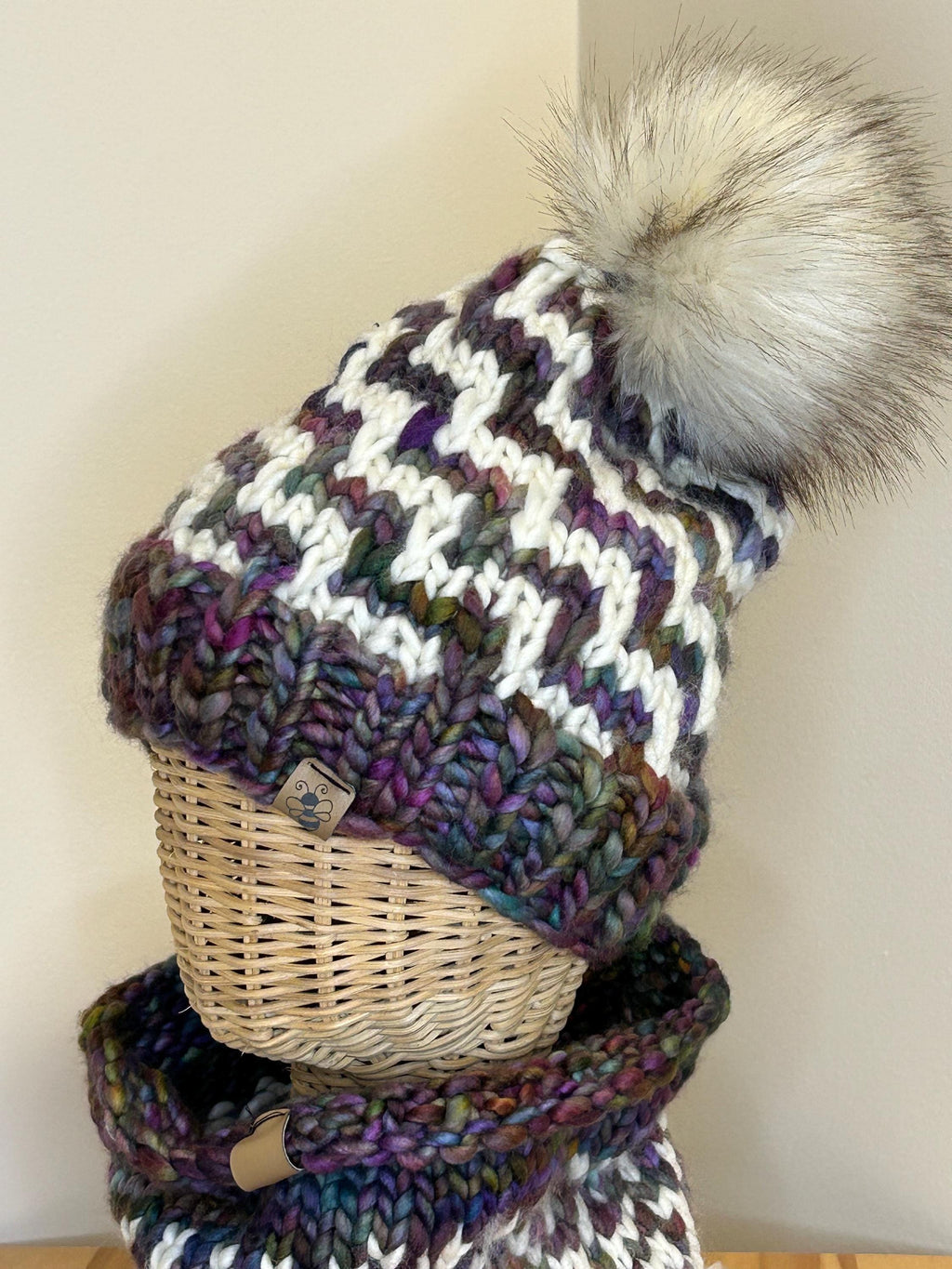 Hand Knit Merino Wool Beanie and cowl set: Removable Faux Fur Pompom