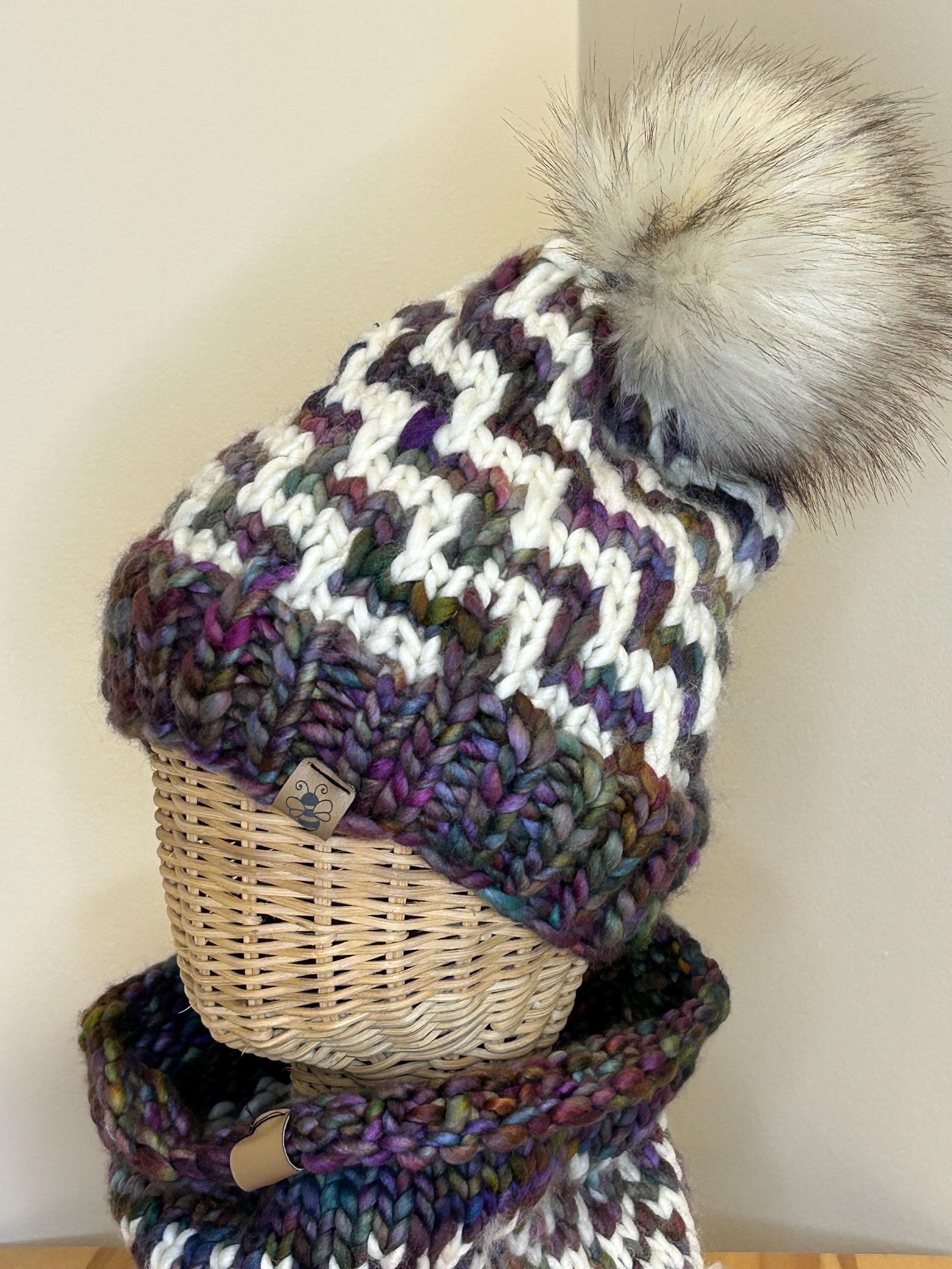 Hand Knit Merino Wool Beanie and cowl set: Removable Faux Fur Pompom