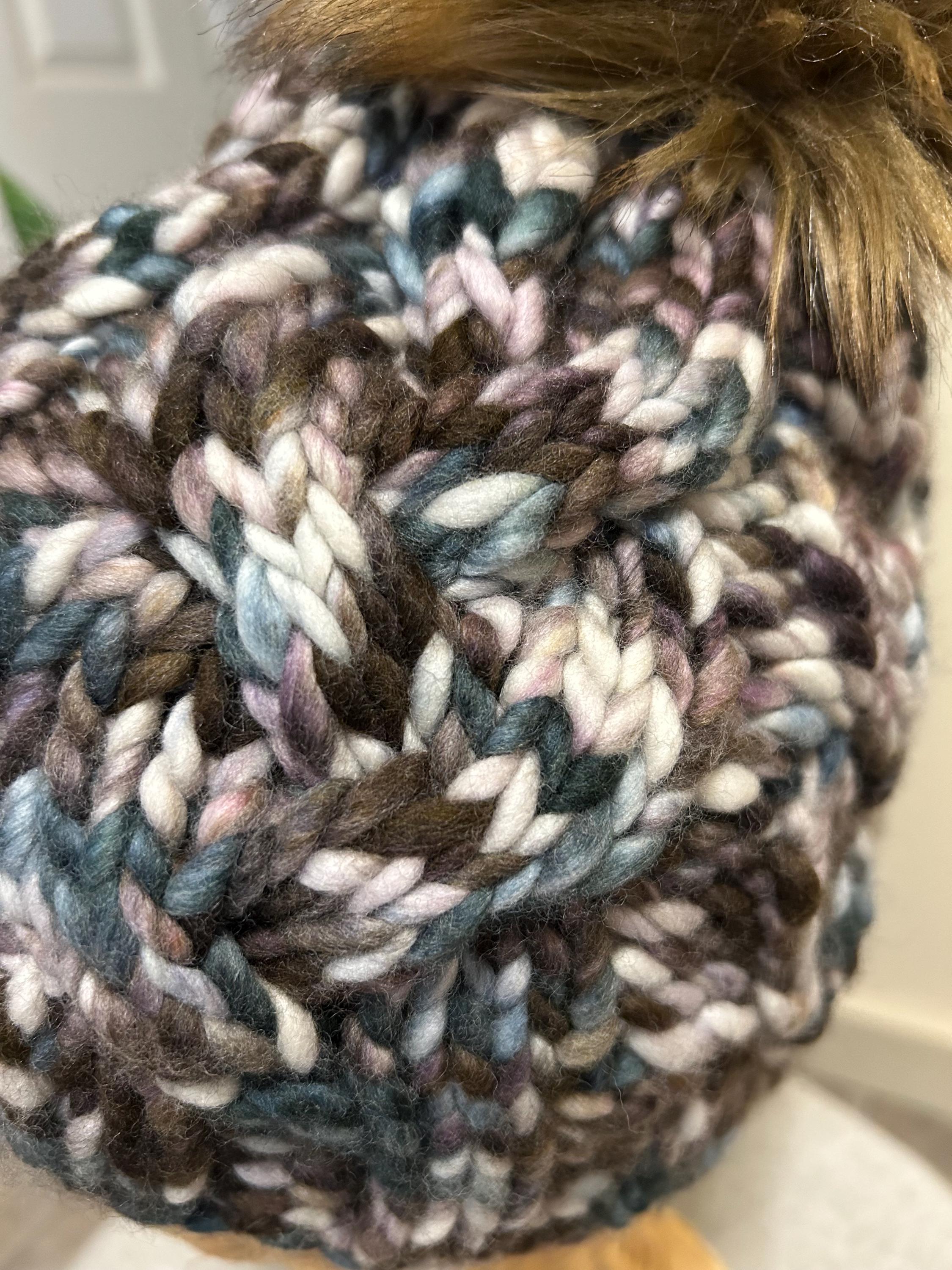 Handmade Merino Wool Knit Beanie: brown multi colour cable knit with Faux Fur Pompom