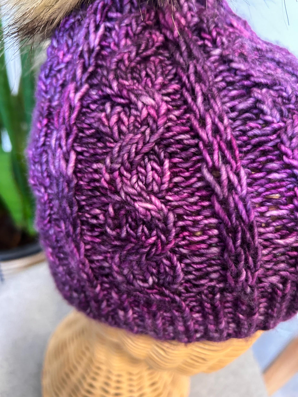 Handknit Purple Wool Beanie: Faux Fur Pom Pom, fine Cable Knit