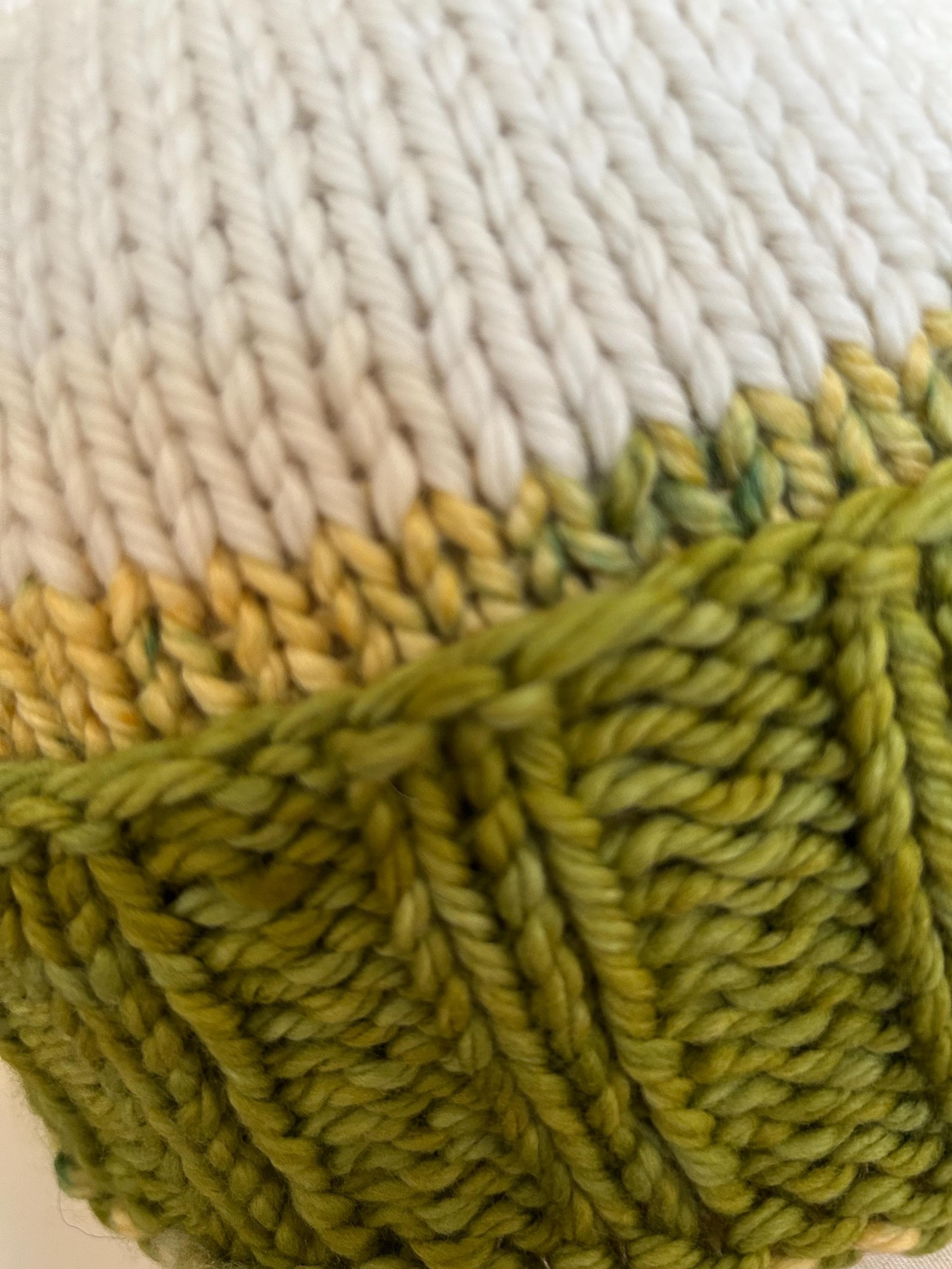Hand Knit Merino Wool Winter Beanie - Folded Brim contrasting yellow and off white