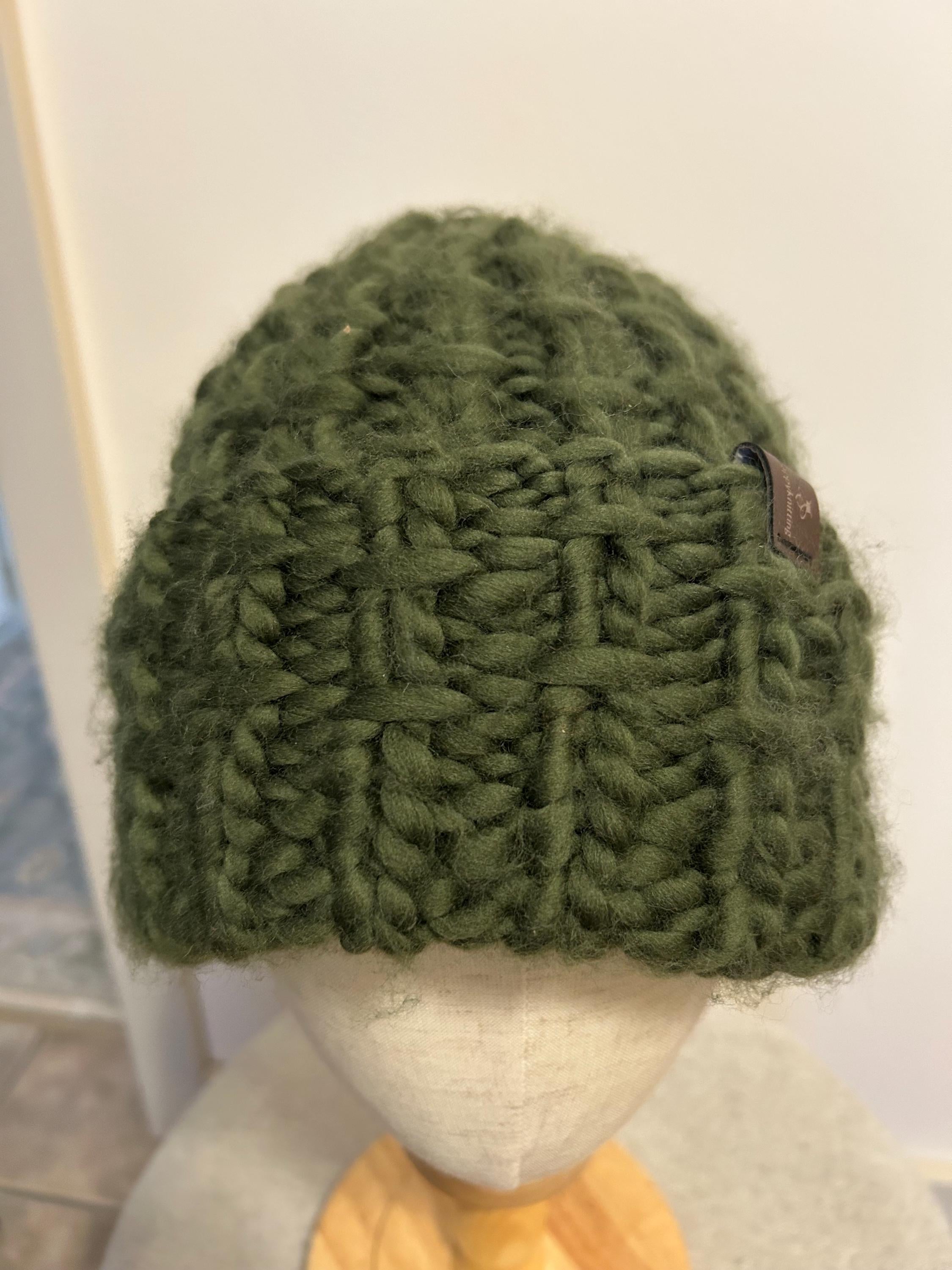 Hand Knit Merino Wool Toque: Chunky green Fisherman Beanie, soft cozy fold up brim toque
