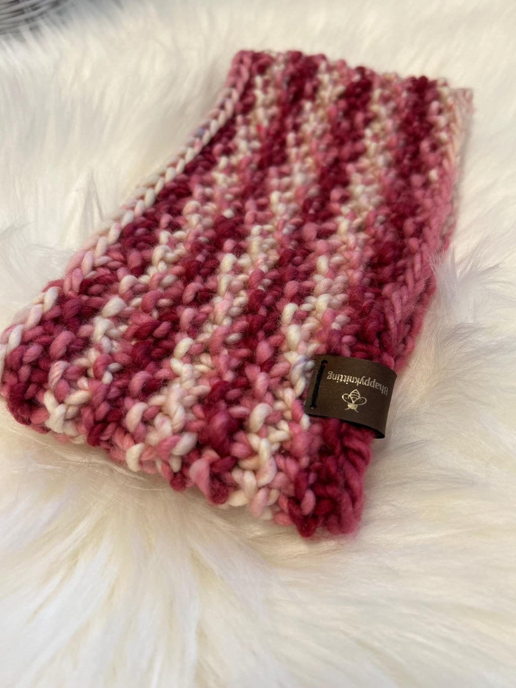 Handmade Knit Wool Ear Warmer Headband - Pink & White, valentines gift