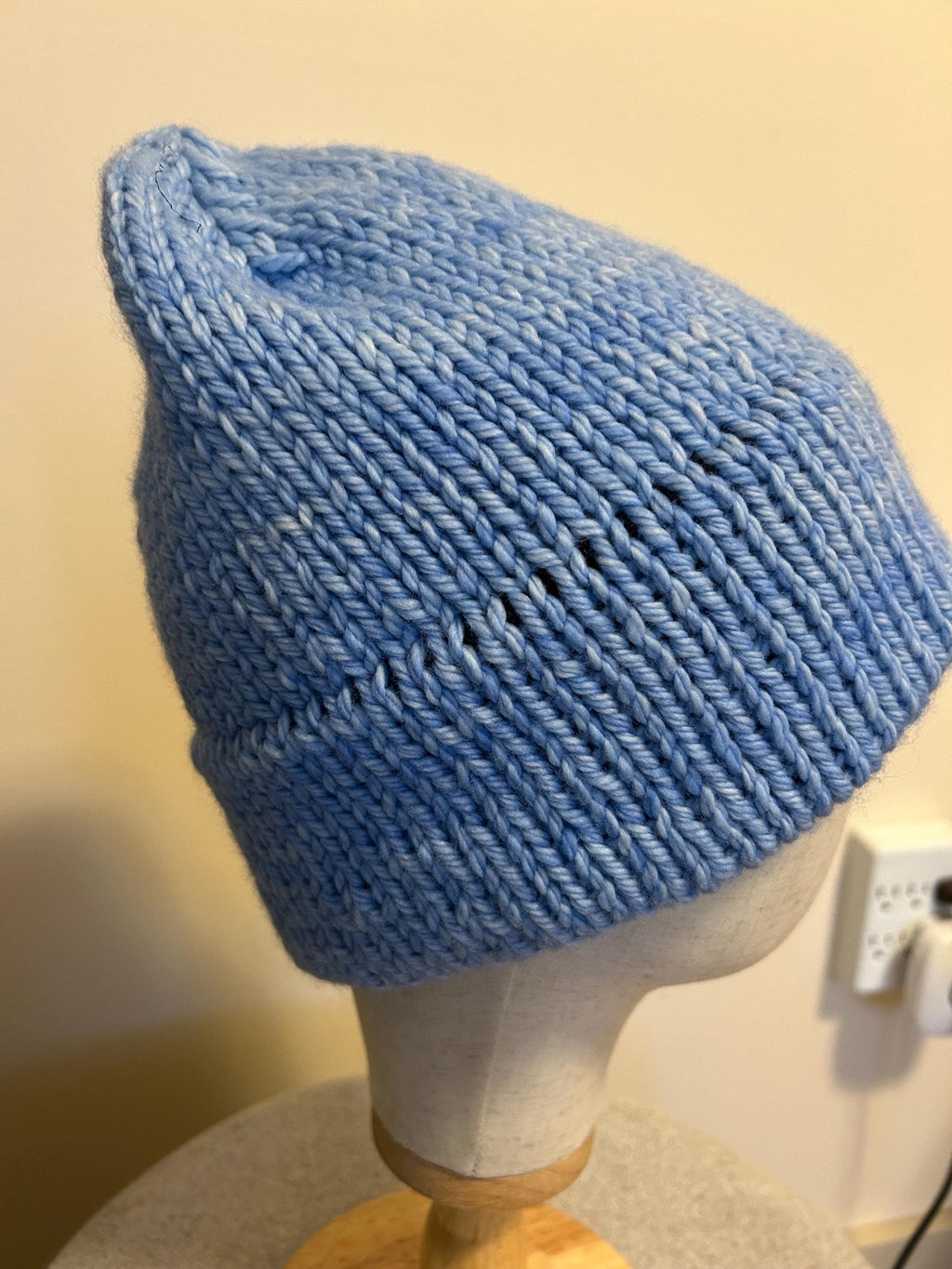 Hand Knit Merino Wool Beanie: Double Brim high top hat for men or women, soft cozy warm winter toque, light blue toque,  gift