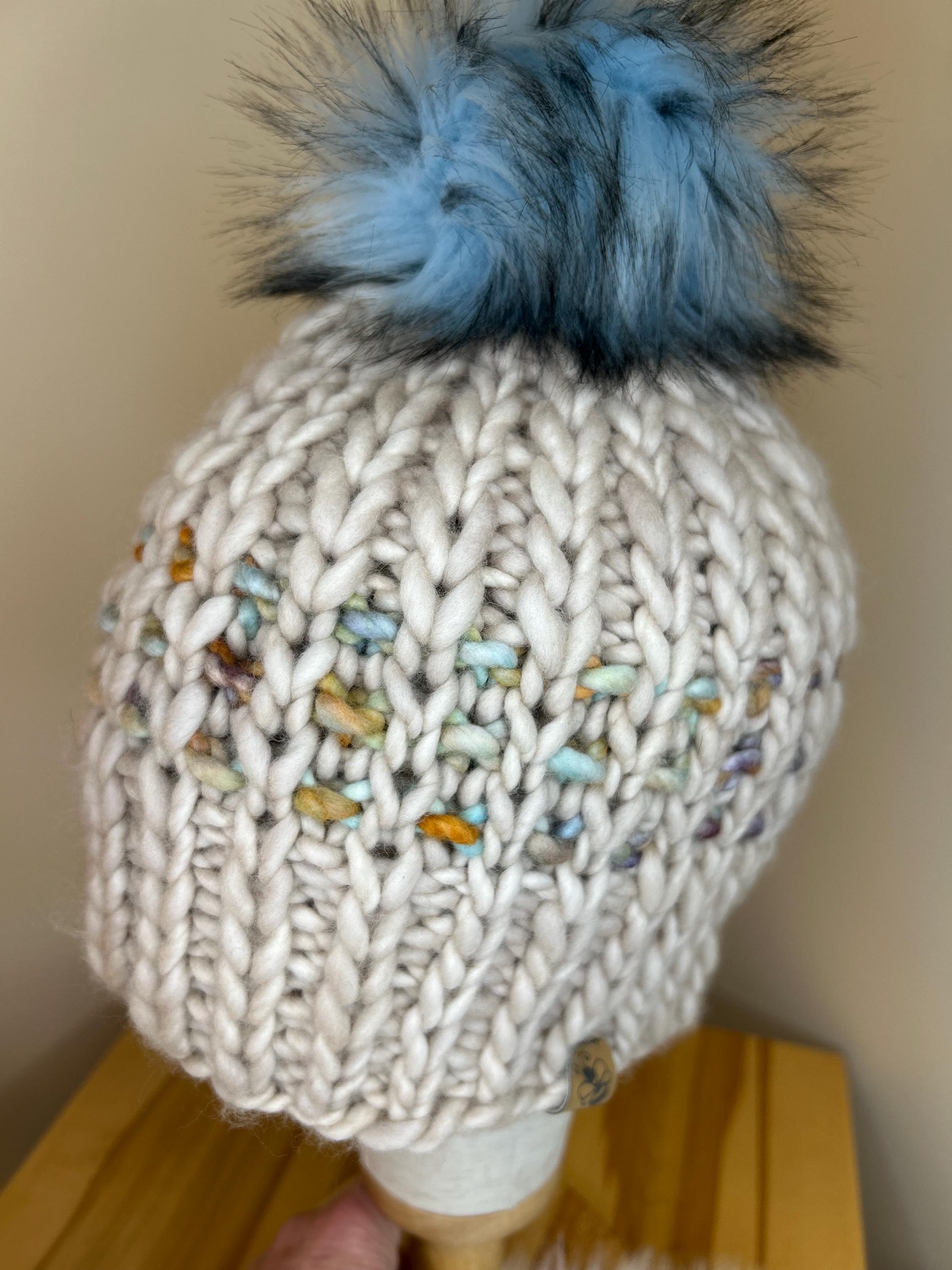 Handmade Merino Wool Knit Beanie: green blue beige knit with Faux Fur Pompom