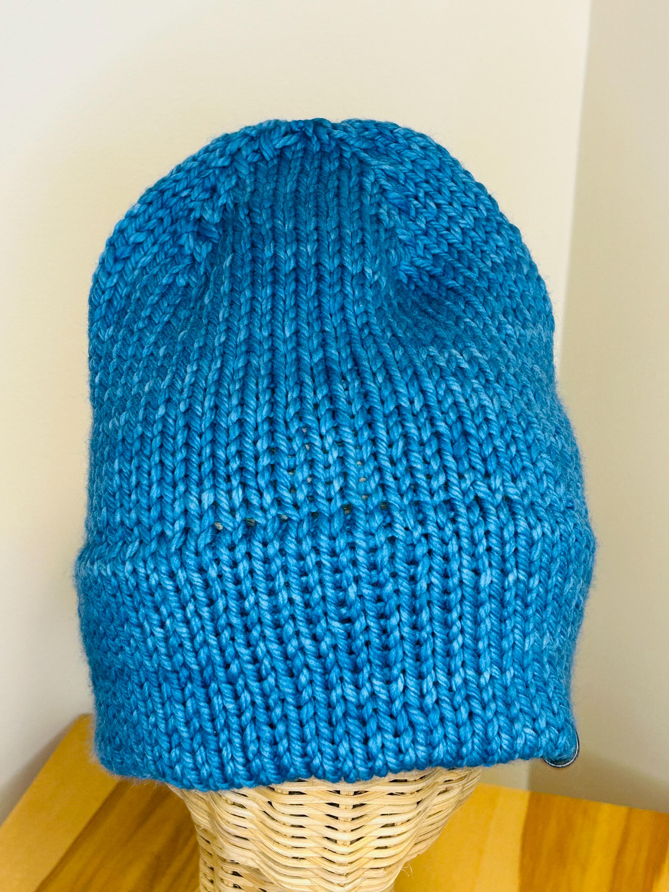 Hand Knit Teal Blue Merino Wool Beanie: Double Brim, High Top