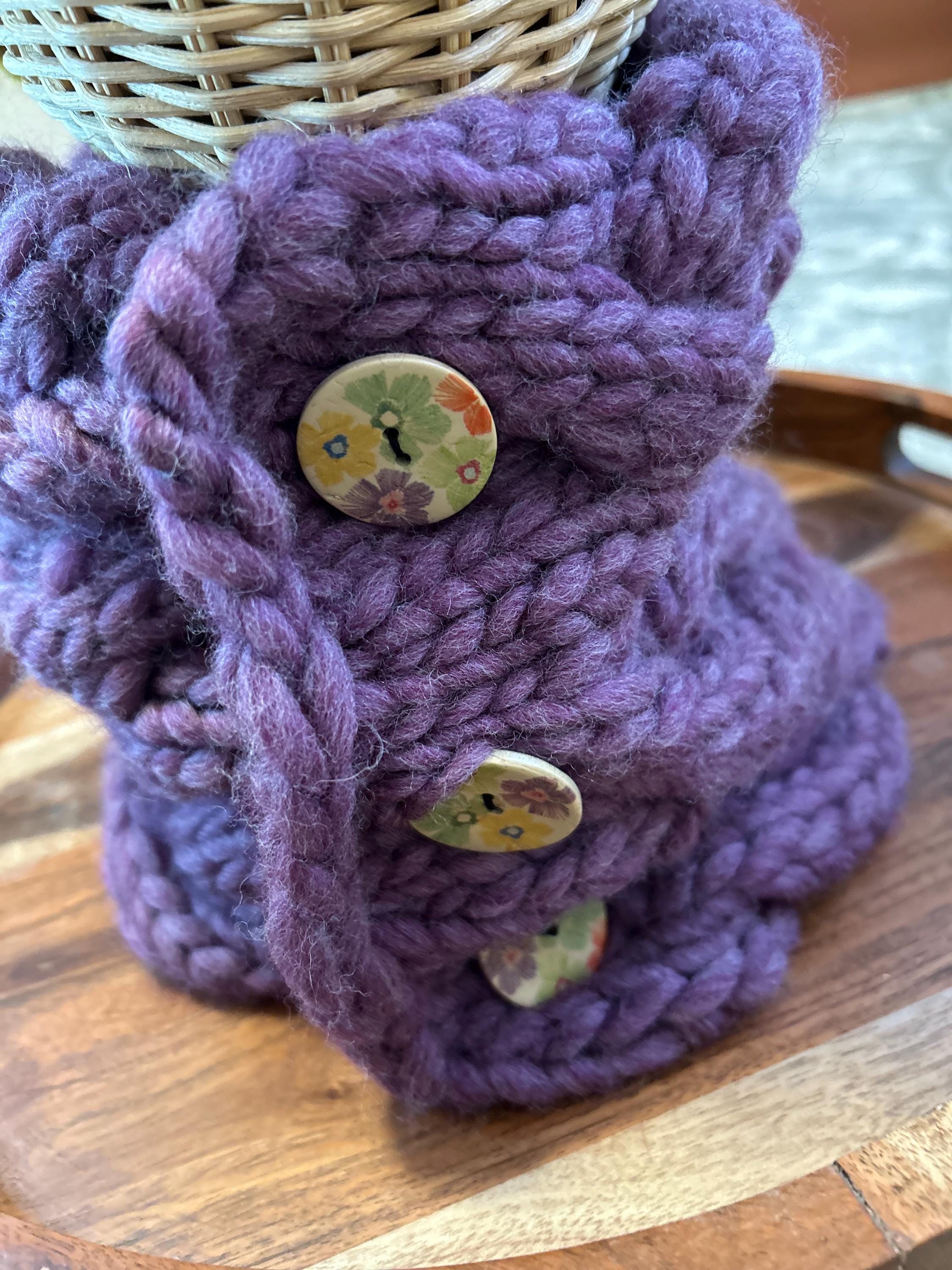 Cable Knit Wool Cowl: Button Up Purple Winter Scarf; neck warmer