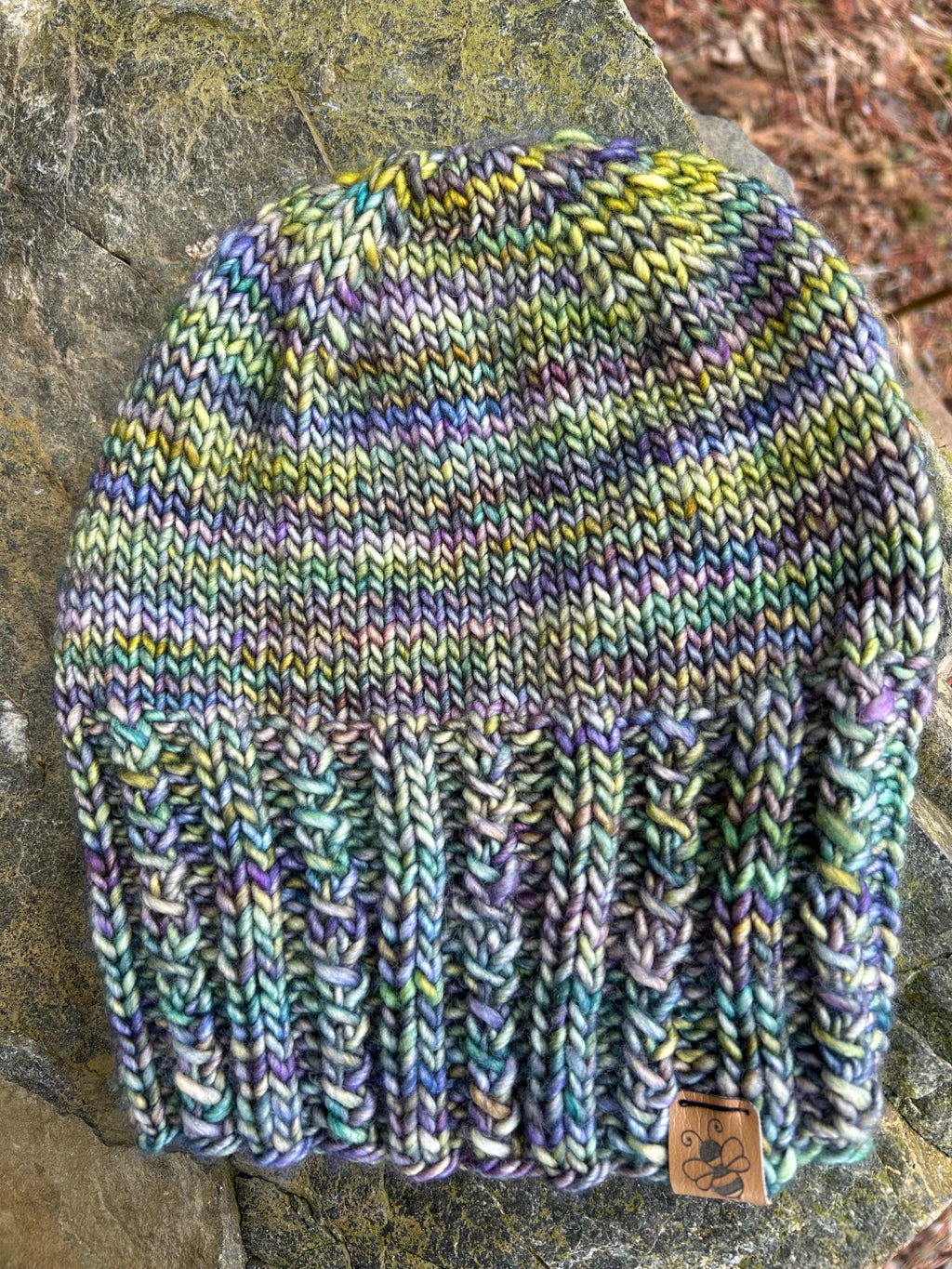 Hand Knit Wool Beanie: green and purple Textured Toque