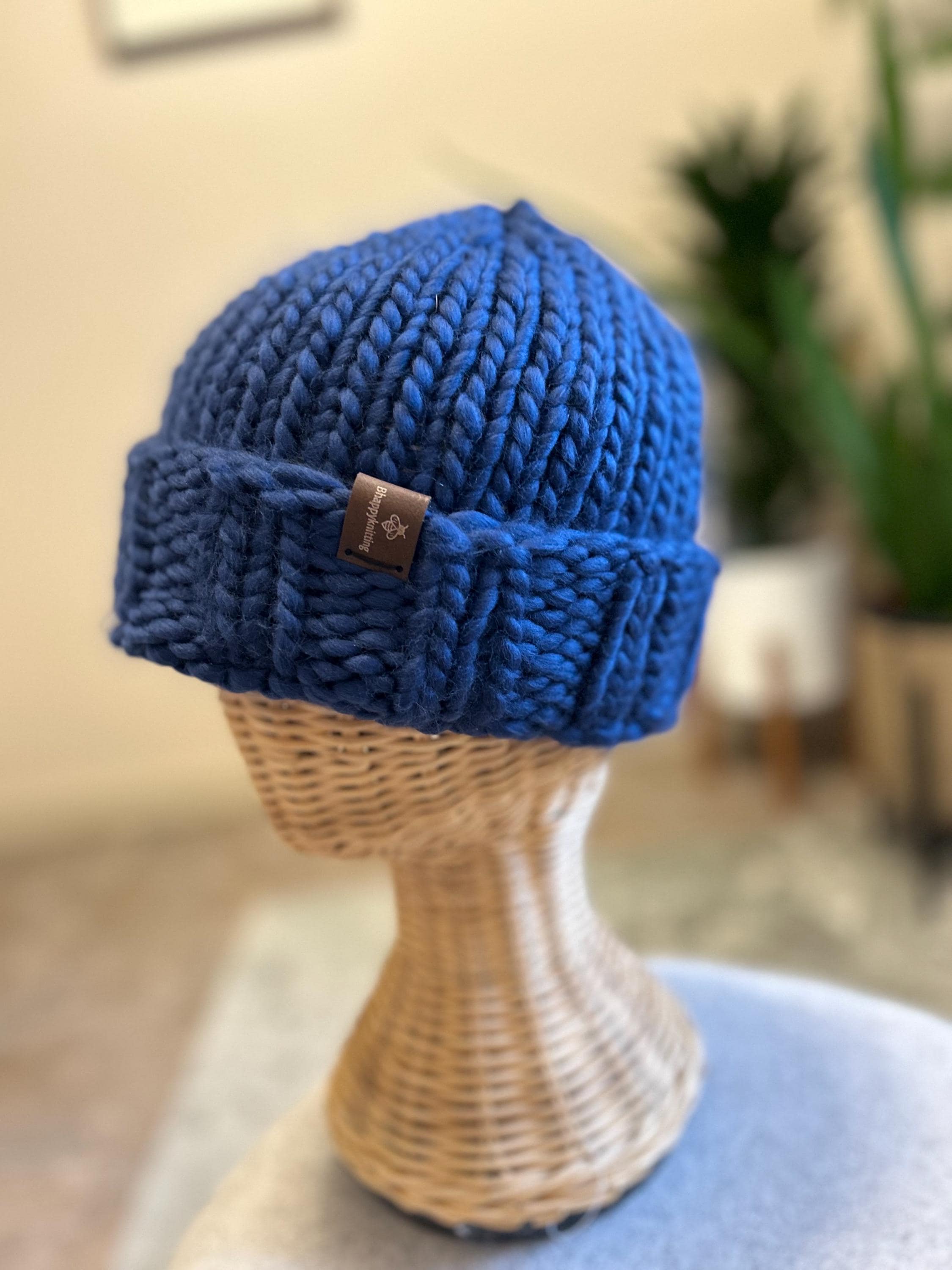 Handmade Royal Blue Peruvian Wool Beanie: Chunky Knit Folded Brim