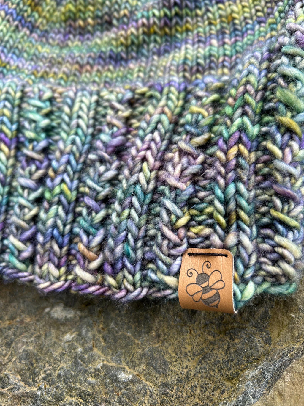 Hand Knit Wool Beanie: green and purple Textured Toque