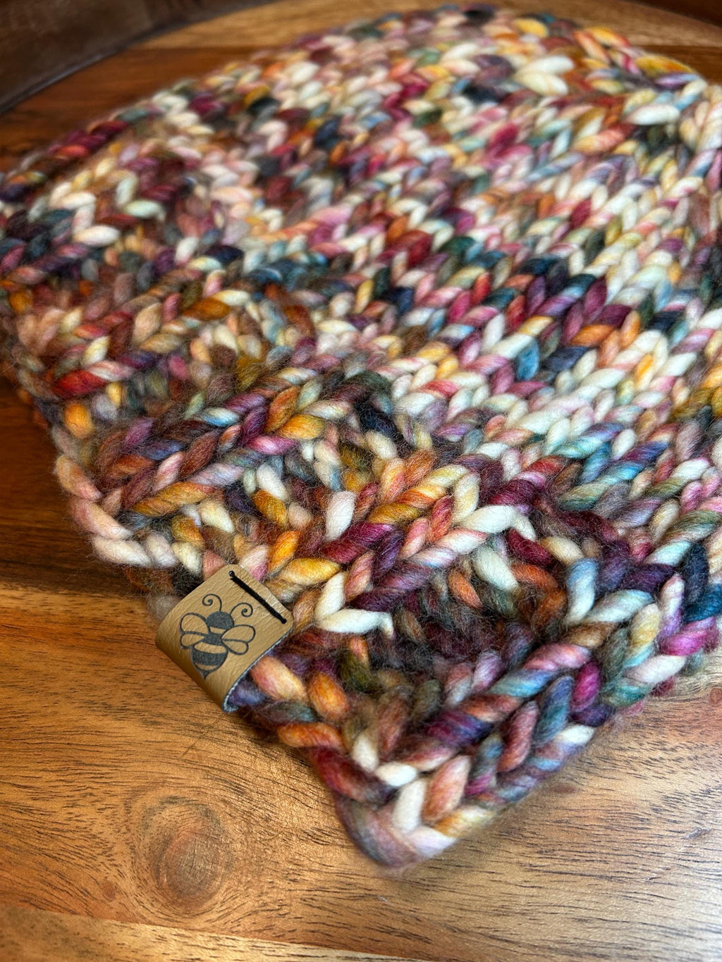 Hand Knit Merino Wool Beanie: Blue Red Multi Colour Toque