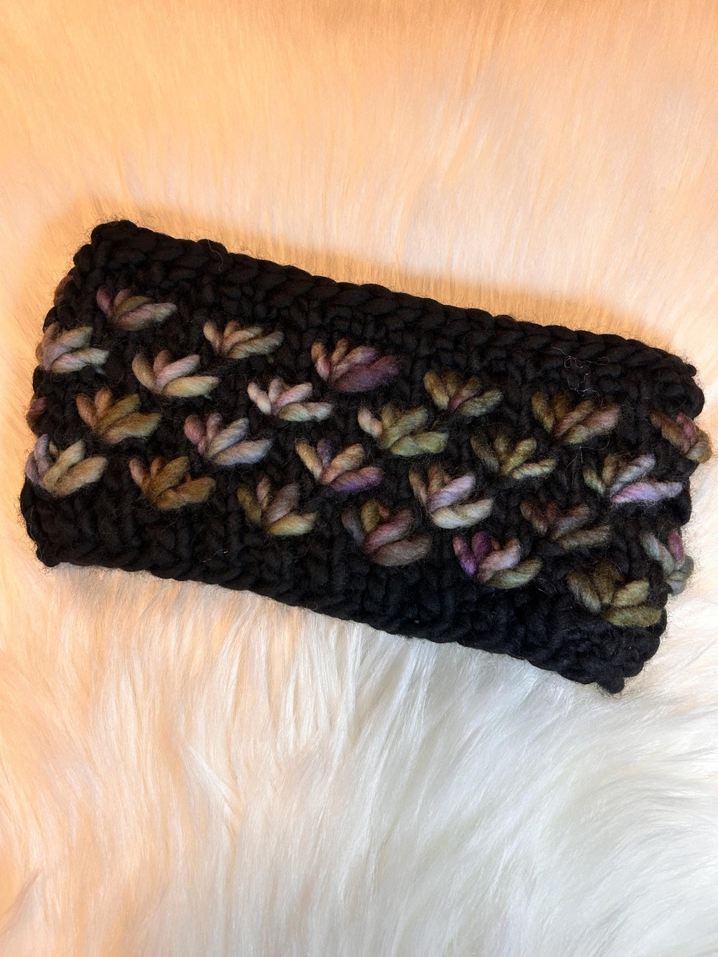 lotus flower headband, earwarmer, merino wool, handmade, handknit, messy bun headband