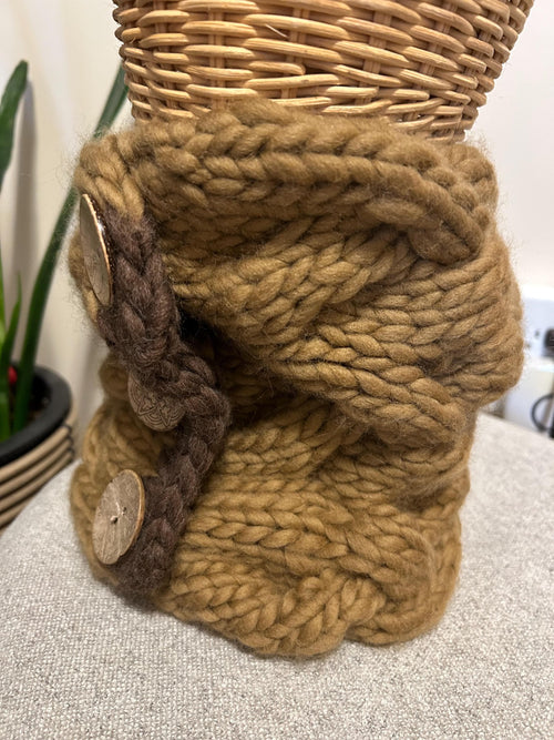 Cable Knit Wool cable Cowl: Button Up caramel brown Winter Scarf; neck warmer