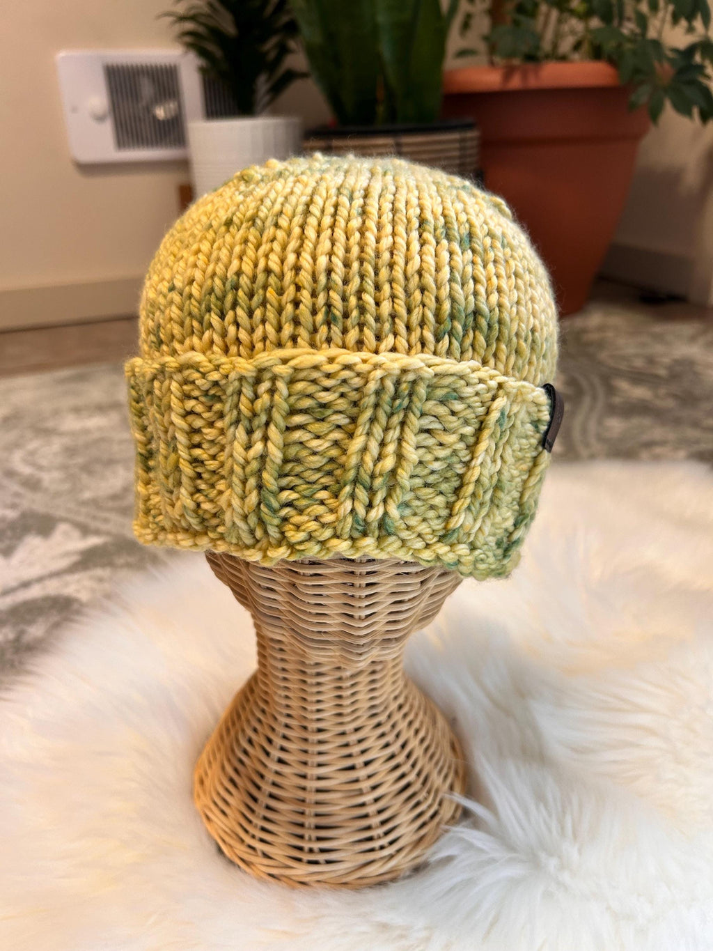 Hand Knit Merino Wool toque: Yellow Speckled Winter Hat