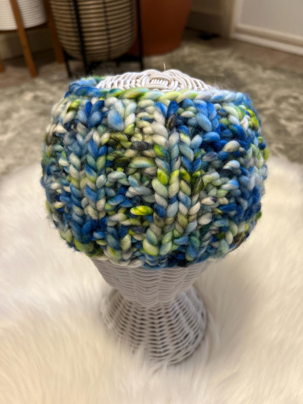 Adult size headband, Handknit, blue white multi colour, Winterwear, messy bun, wool, winter accessory