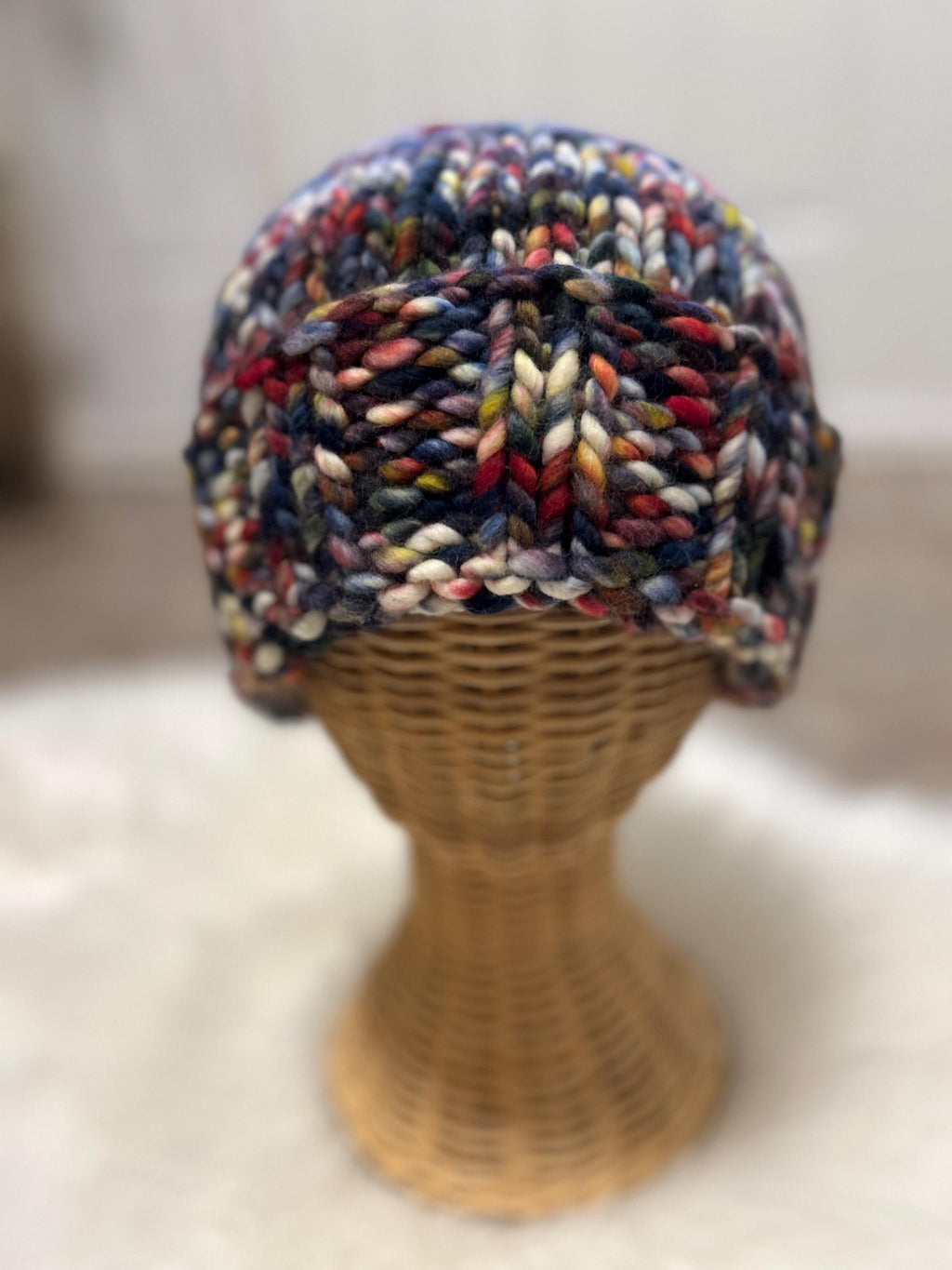 Hand Knit Merino chunky Wool toque: blue colour Winter Hat, folded brim