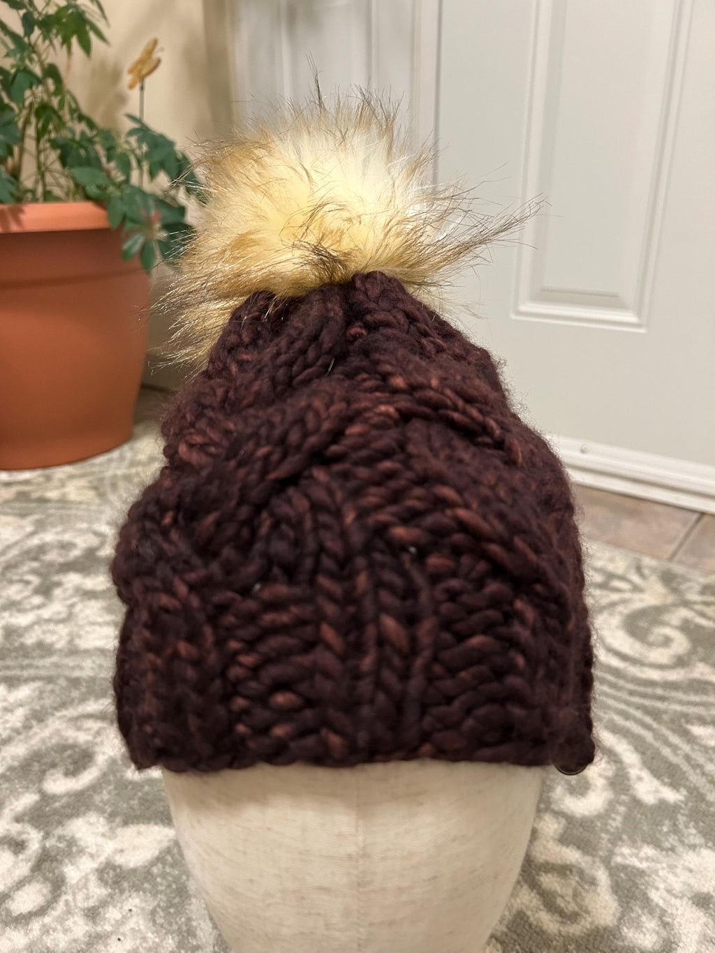 Handmade Merino Wool Knit Beanie: chocolate brown cable knit with Faux Fur Pompom