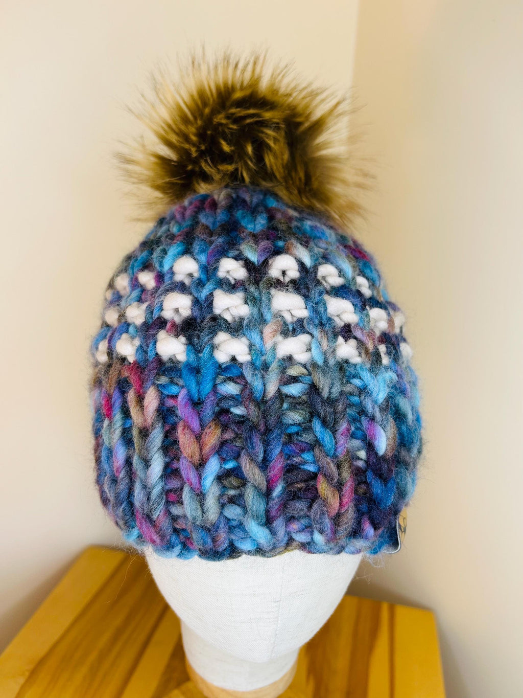 Handmade Merino Wool Knit Beanie: green blue beige knit with Faux Fur Pompom