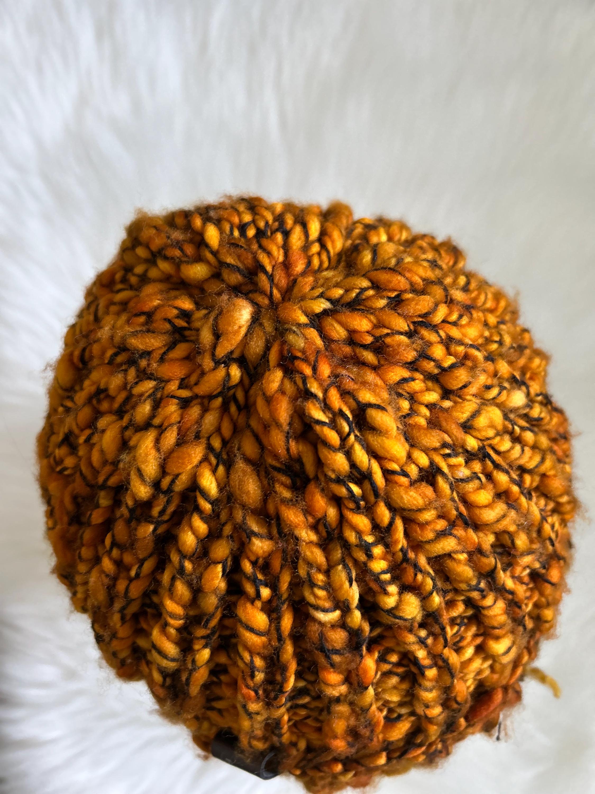 Handknit Chunky Wool Beanie: Orange Brim bulky Toque