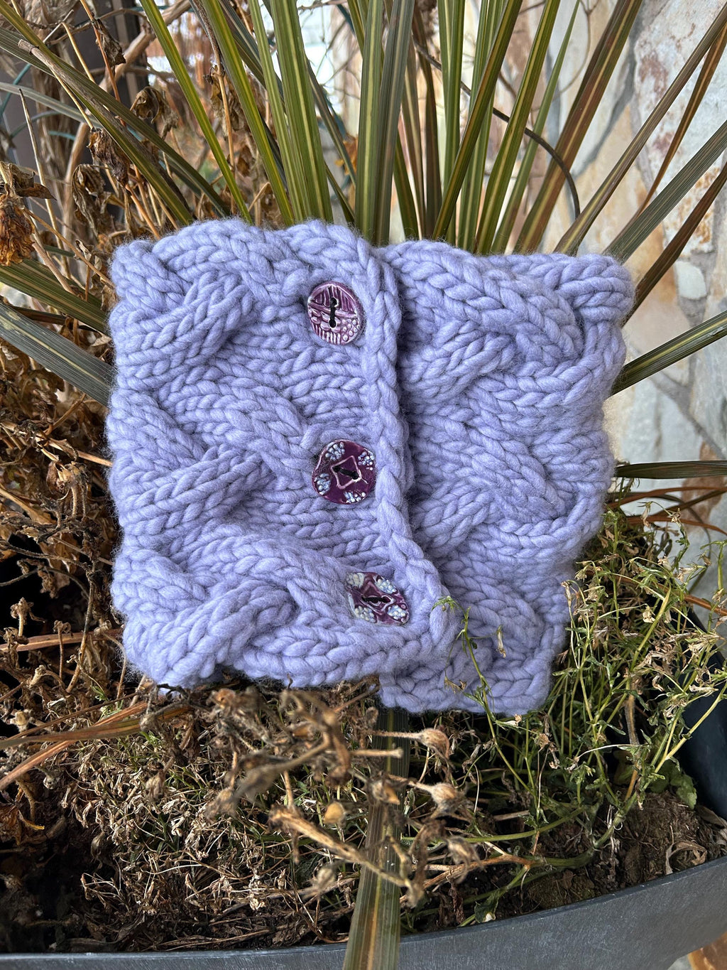 Cable Knit Wool cable Cowl: Button Up purple Winter Scarf; neck warmer