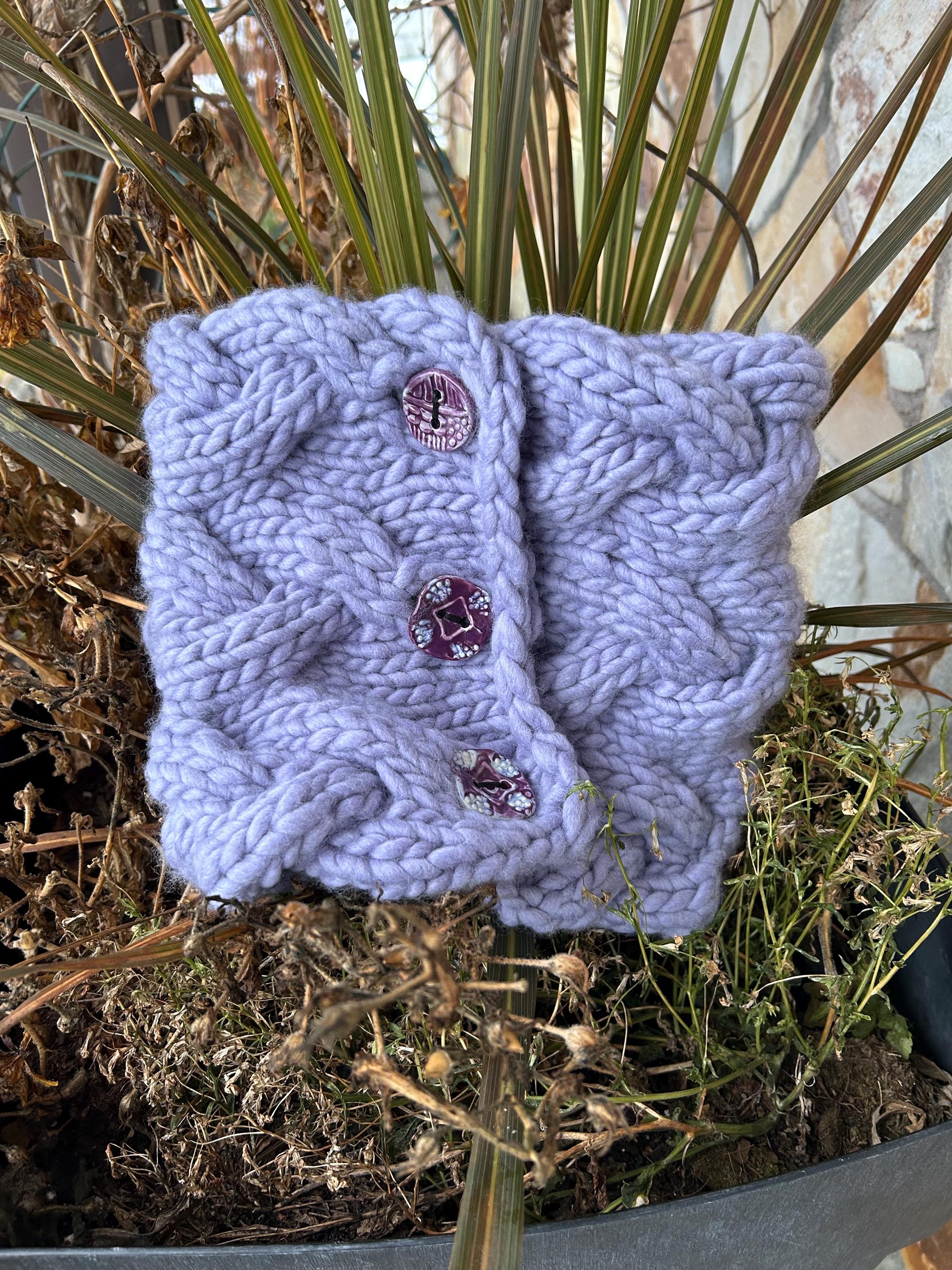 Cable Knit Wool cable Cowl: Button Up purple Winter Scarf; neck warmer