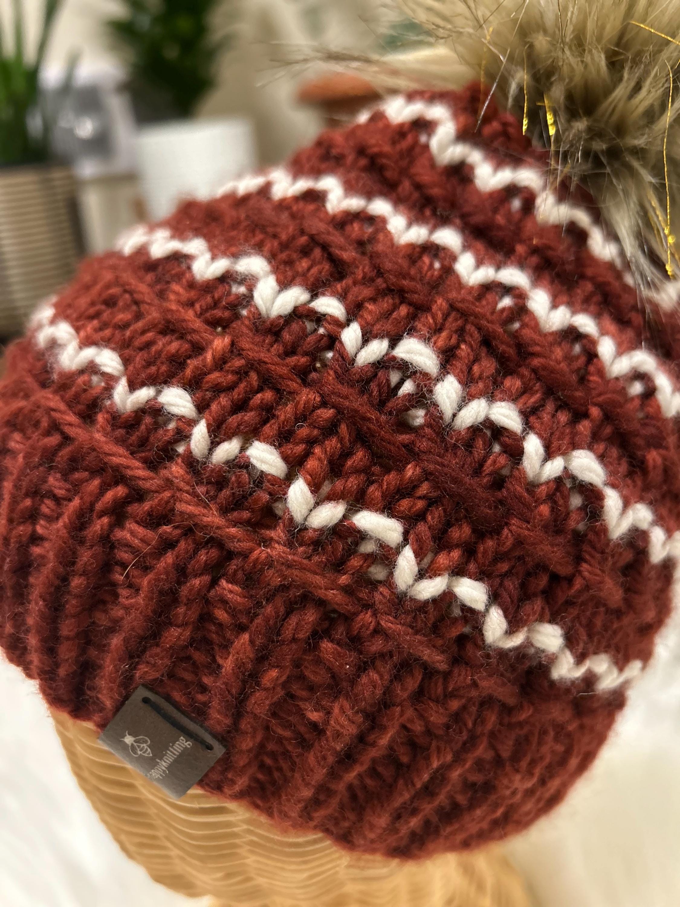 Hand Knit Merino Wool Beanie: Brown Ribbed Pom Pom toque