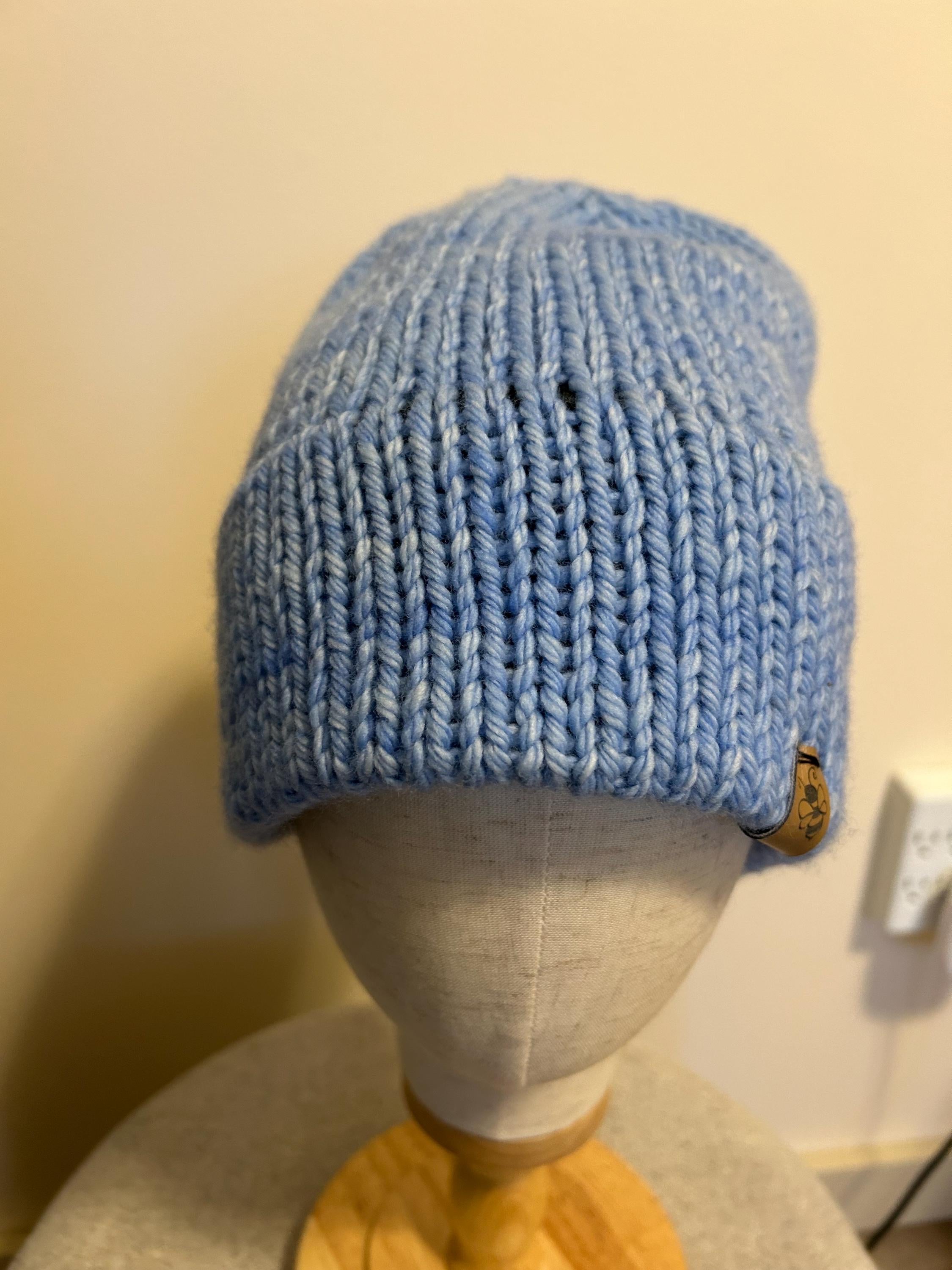 Hand Knit Merino Wool Beanie: Double Brim high top hat for men or women, soft cozy warm winter toque, light blue toque,  gift