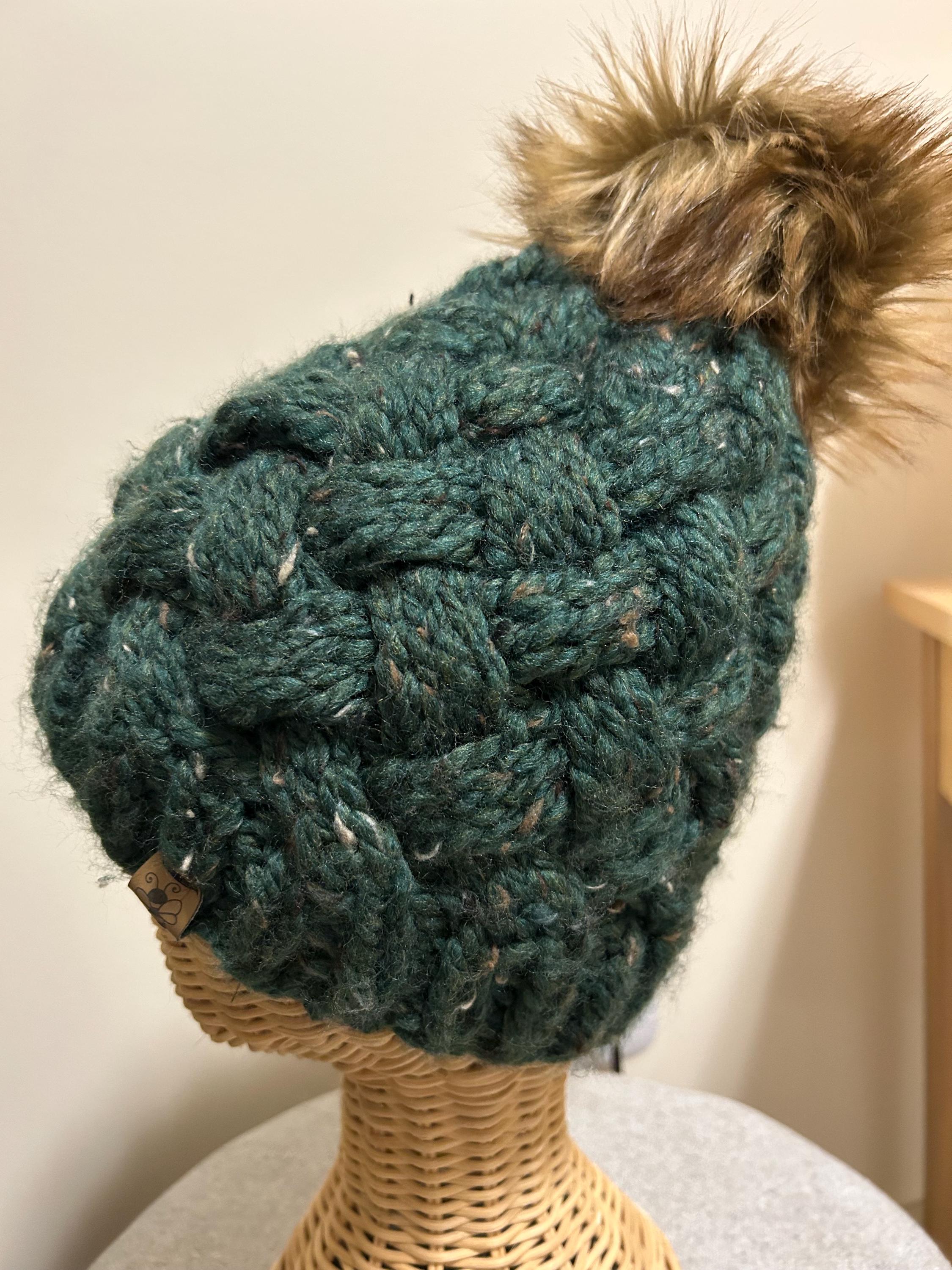 Handmade Merino Wool Knit Beanie: Green cable with Faux Fur Pompom