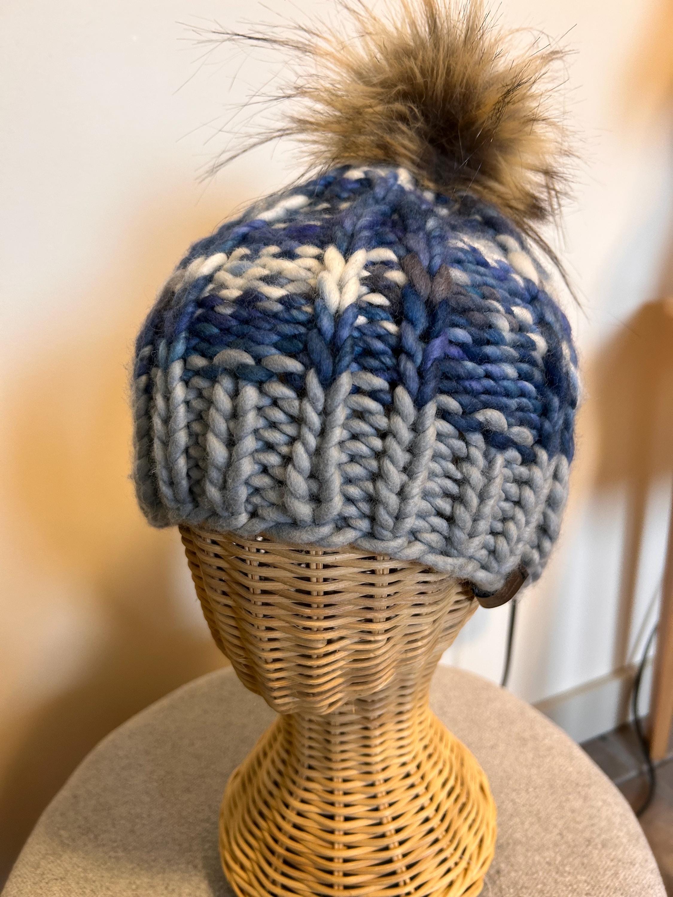 Handknit Chunky Wool Beanie: Blue and Grey Winter Cap with removable PomPom