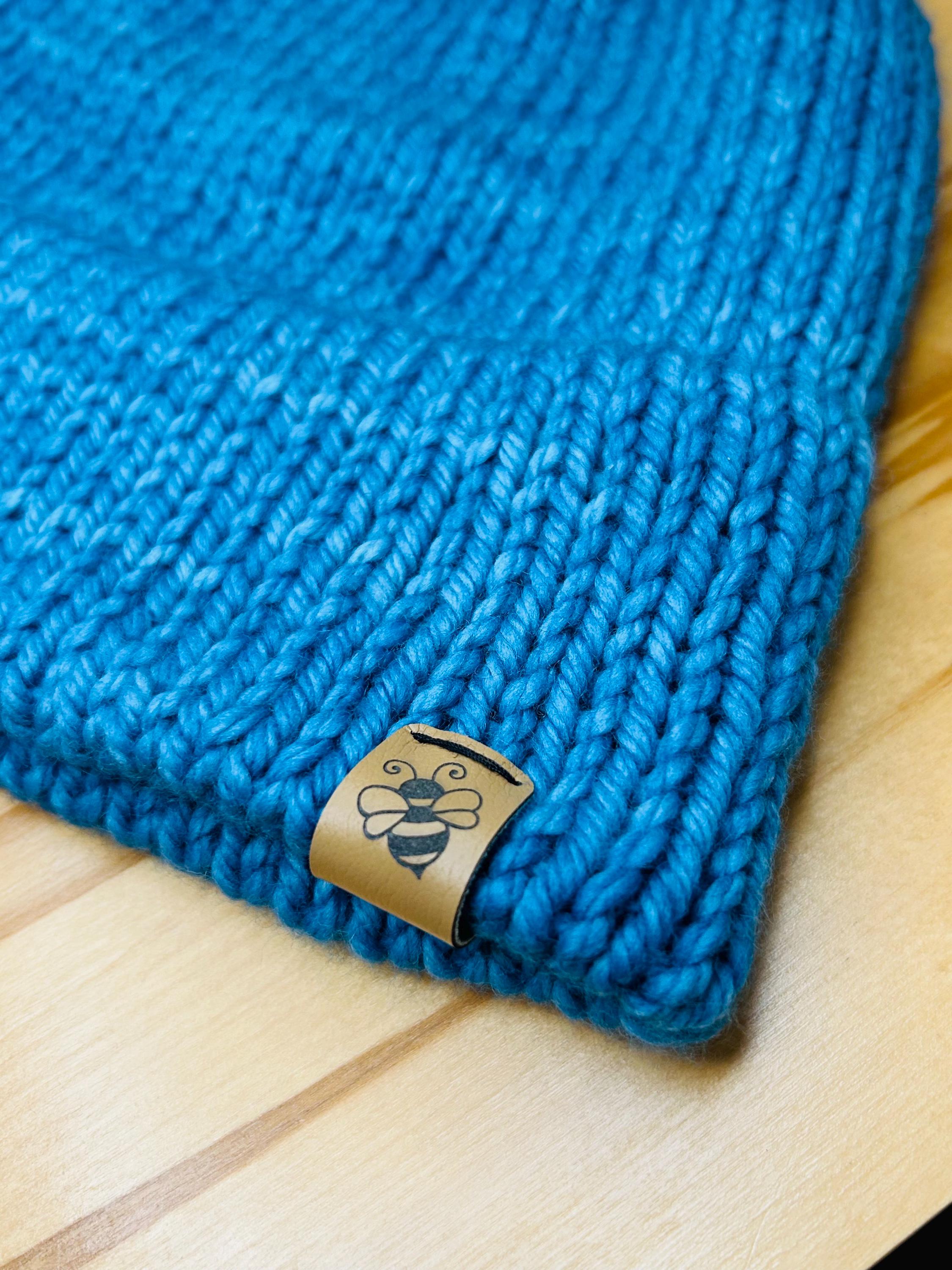 Hand Knit Teal Blue Merino Wool Beanie: Double Brim, High Top